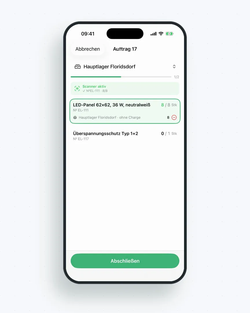 flinkest-App beim Kommissionieren: Artikel gegen den Auftrag scannen, Fehlgriff markiert, Lieferschein nach dem Abschließen