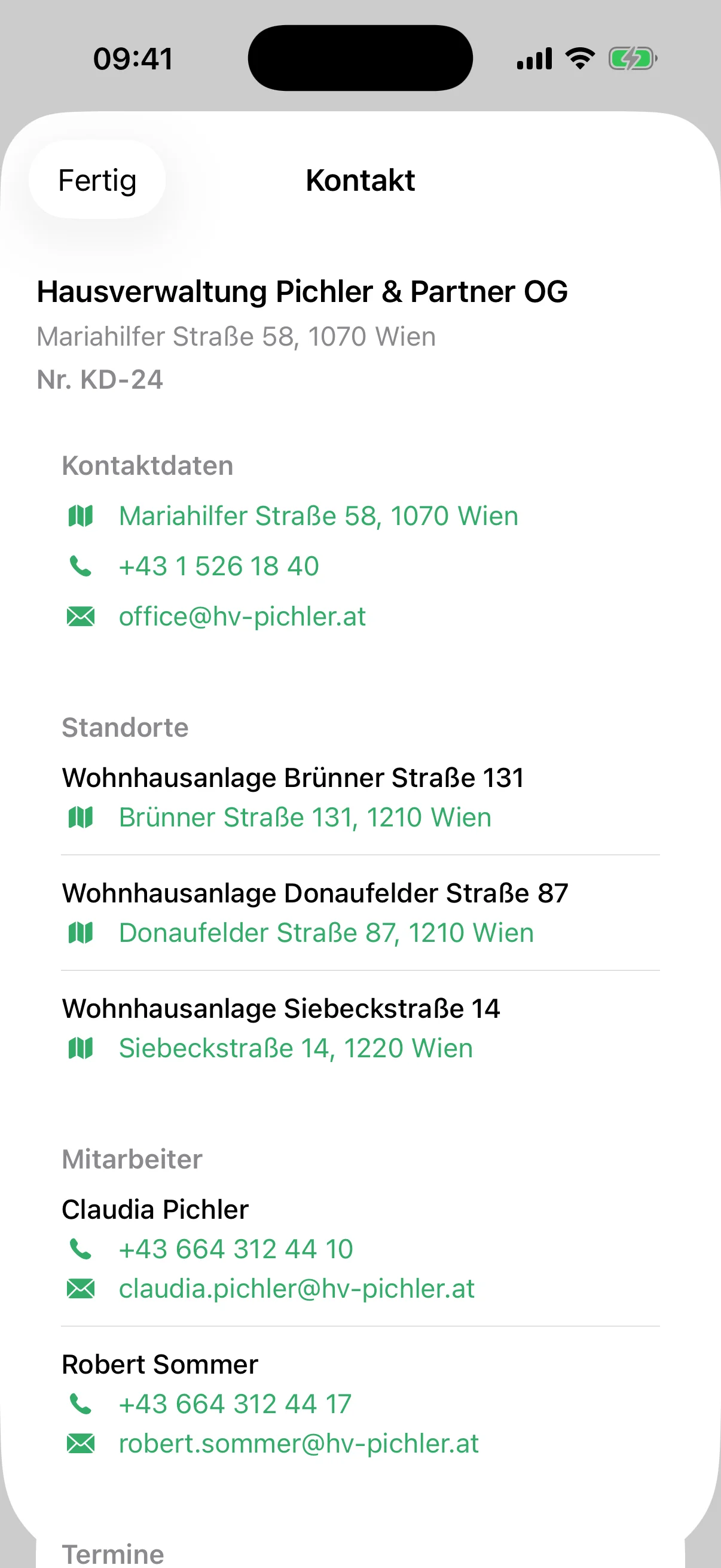 Kunde Hausverwaltung Pichler in der flinkest-App: Telefon, E-Mail, drei Wohnhausanlagen als Standorte und zwei Ansprechpartner