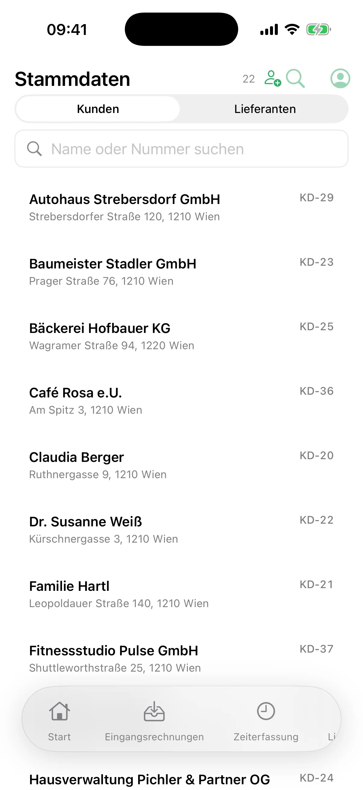 Kundenliste in der flinkest-App mit Suche, Kundennummer und Adresse
