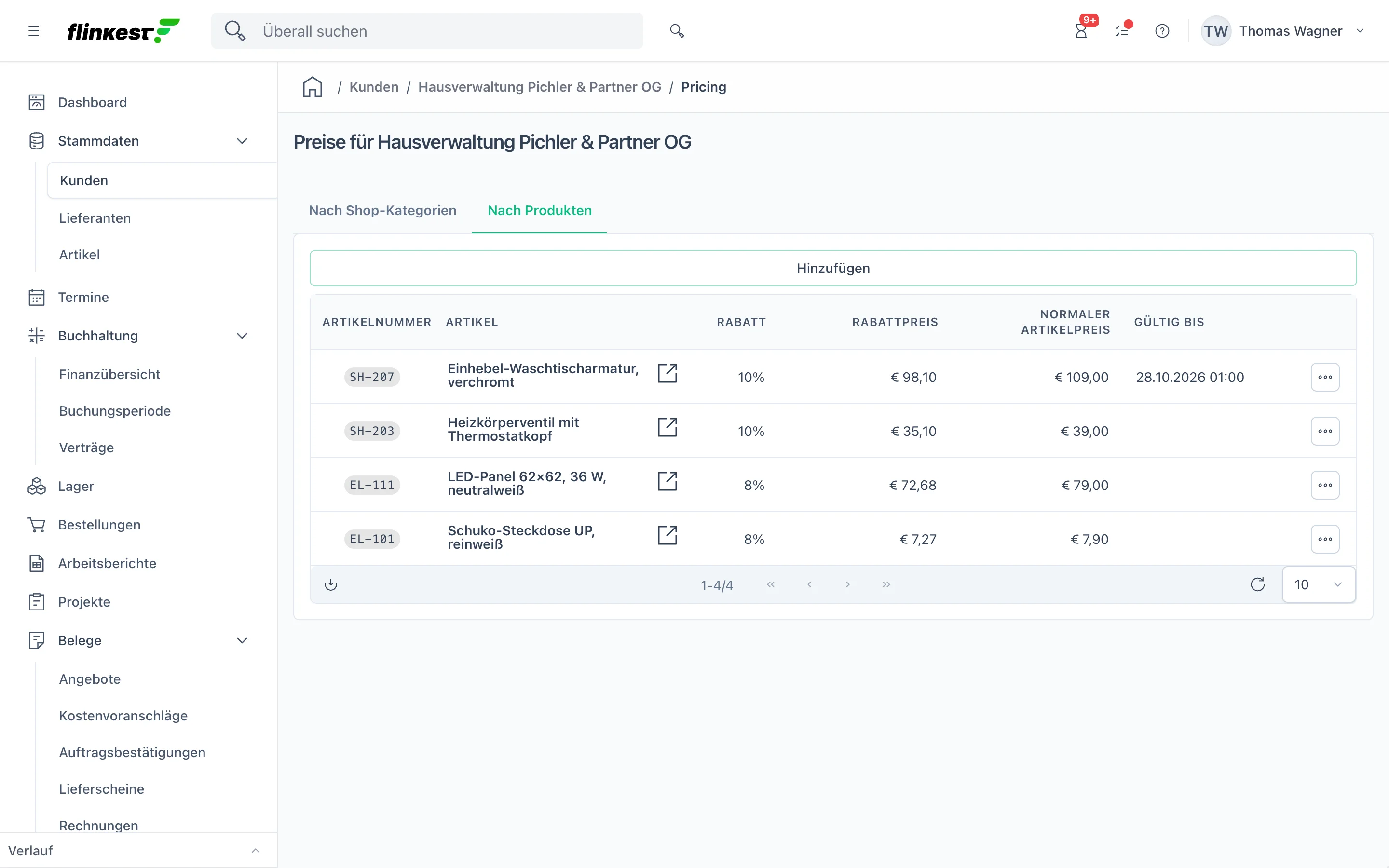 Preise für die Hausverwaltung Pichler: Waschtischarmatur und Heizkörperventil mit 10 % Rabatt, LED-Panel und Steckdose mit 8 %, mit Normalpreis und Gültigkeit