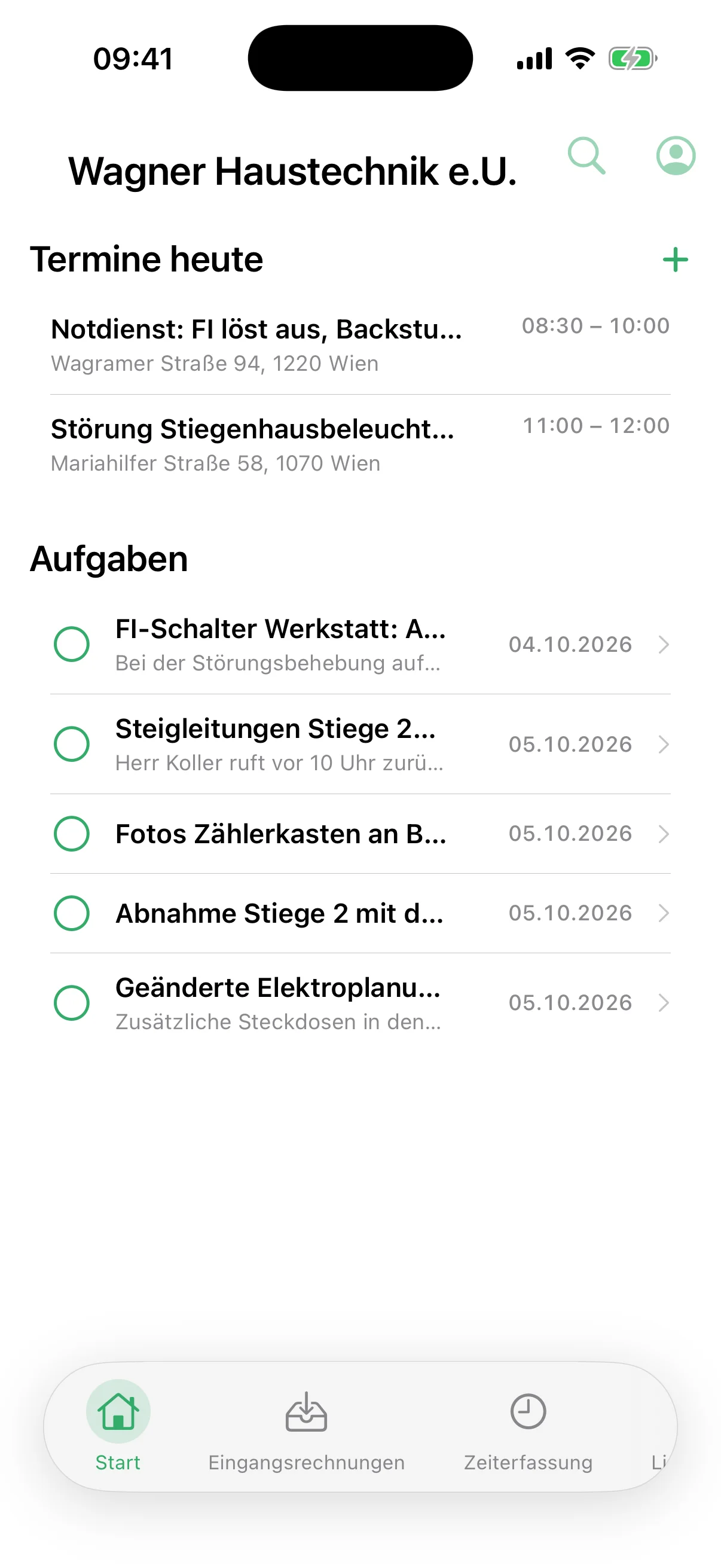Startbildschirm der flinkest-App mit dem Notdienst-Termin von heute und offenen Aufgaben