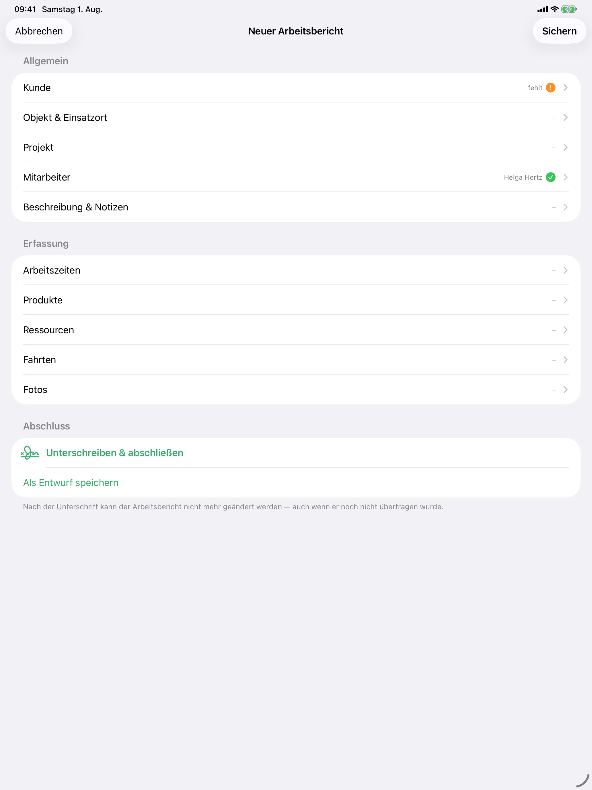 Digitaler Arbeitsbericht am iPad