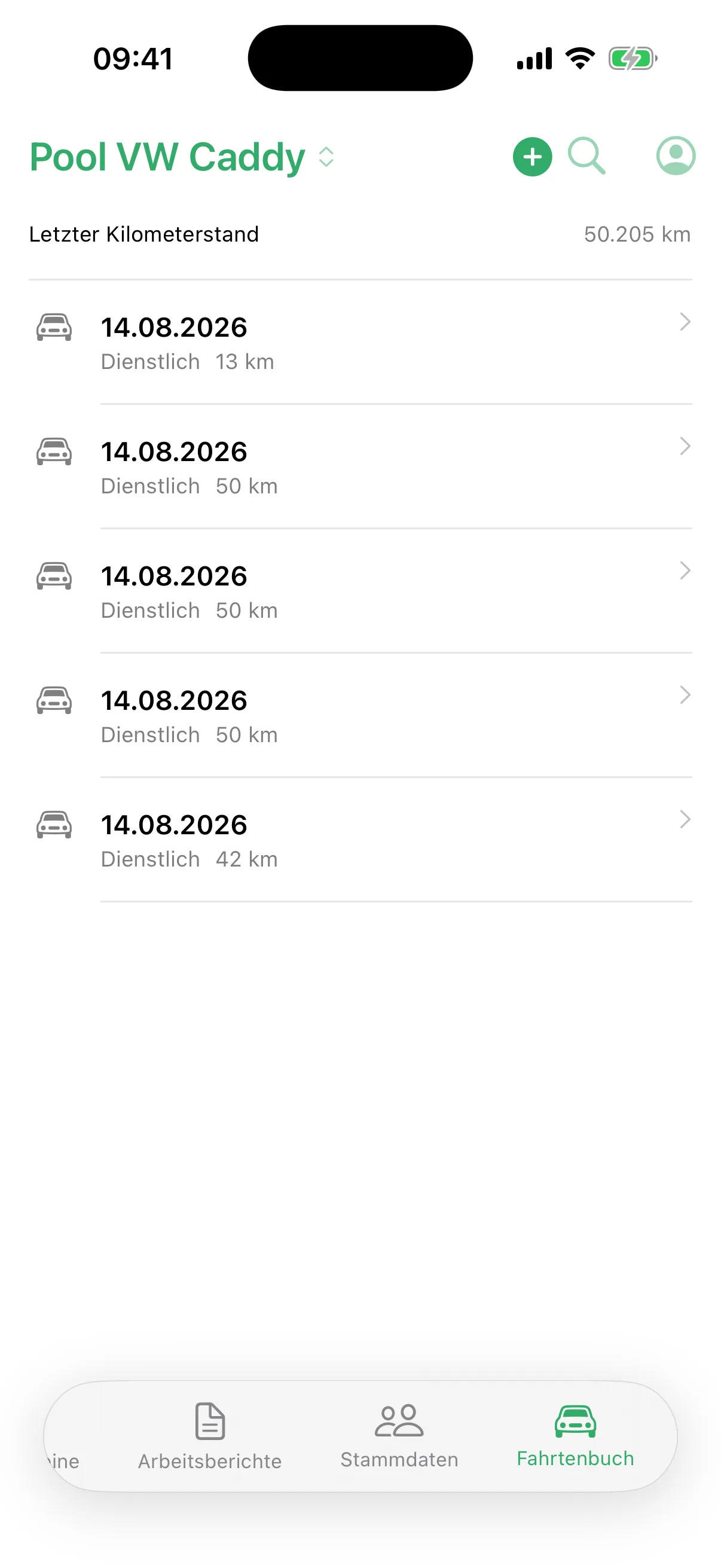 Fahrtenbuch-Liste eines Poolfahrzeugs in der flinkest-App