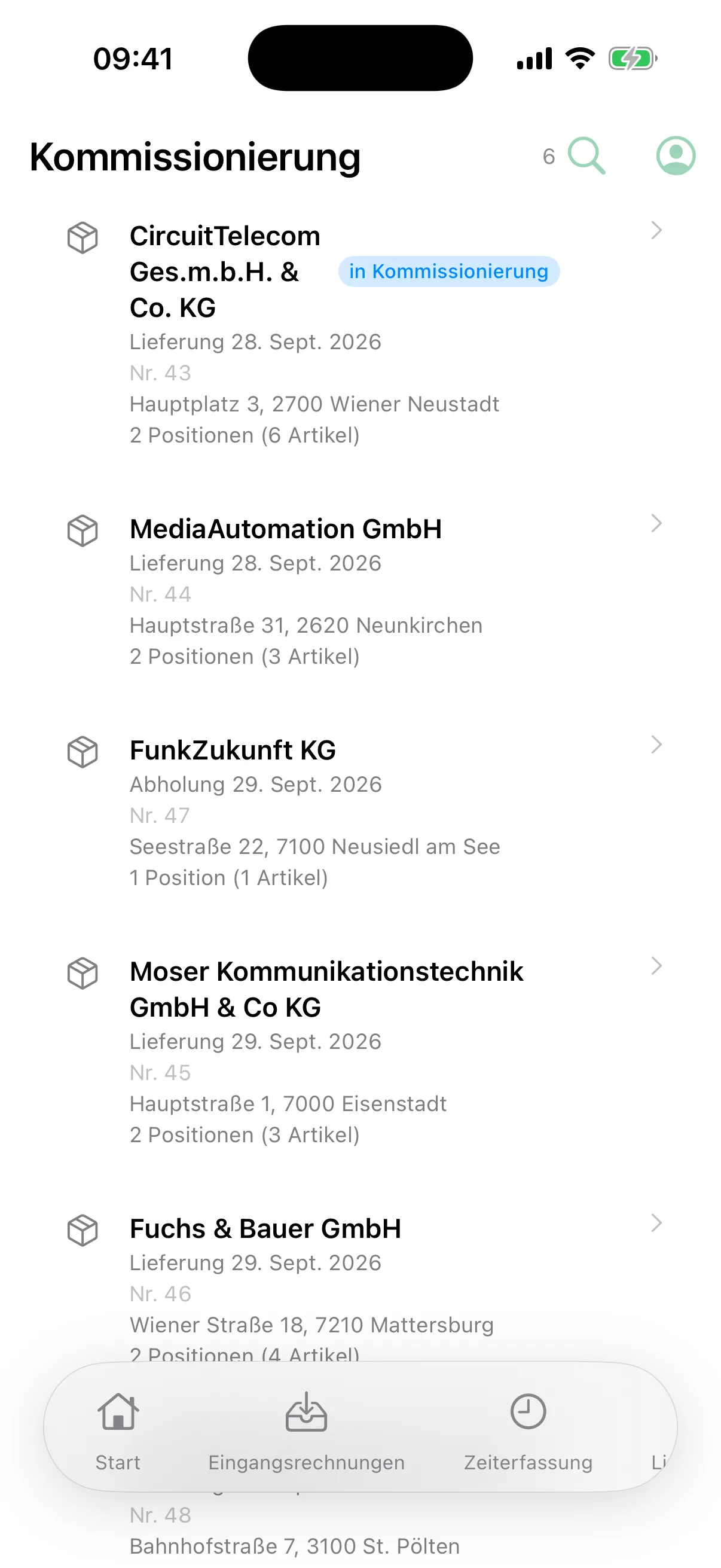 Kommissionierung in der flinkest-App mit offenen Aufträgen, Liefertermin und Positionen