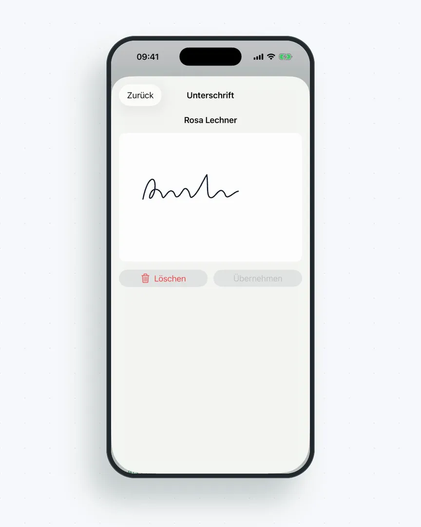 flinkest-App: Kunde unterschreibt den Arbeitsbericht am Handy, Bericht abgeschlossen, Unterschrift im PDF