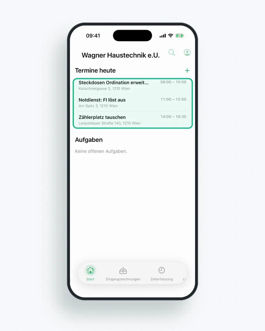 flinkest-App: Termine von heute auf der Startseite, geöffneter Termin mit Kontakt und Adresse