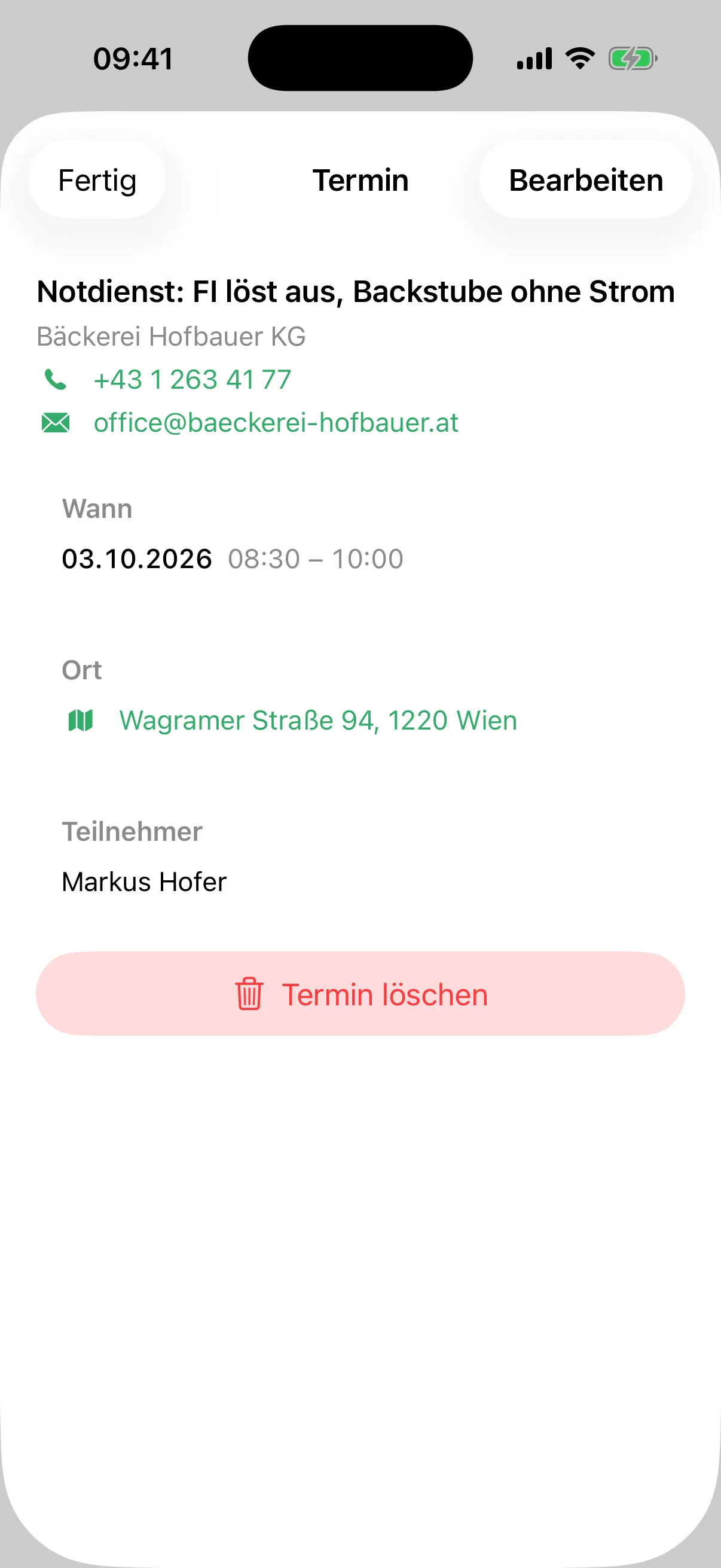 Termin-Detail in der flinkest-App: Notdienst bei der Bäckerei mit Telefon, E-Mail und Adresse für die Navigation