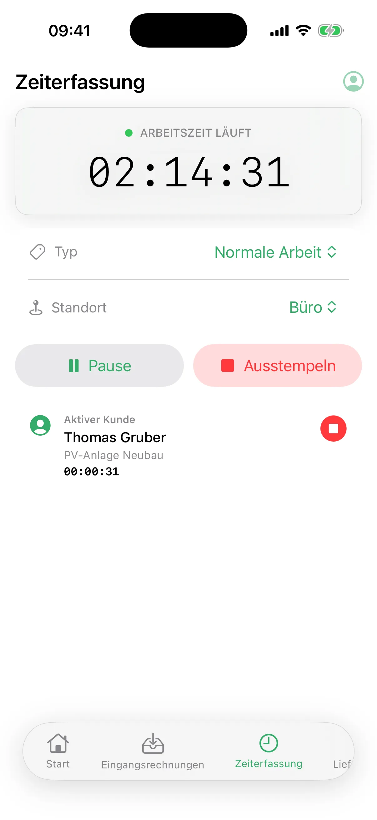Zeiterfassung in der flinkest-App mit laufender Stempeluhr