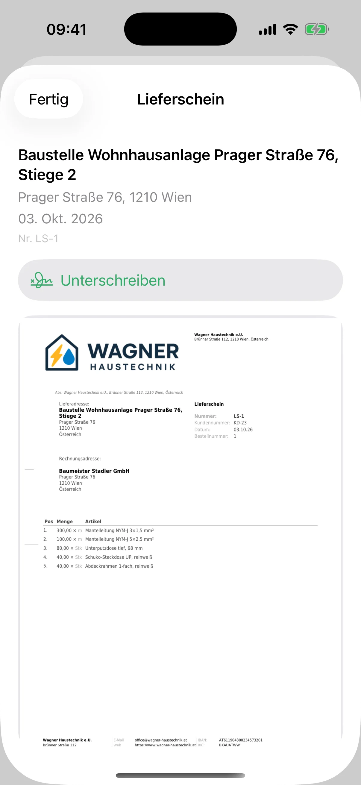 Lieferschein in der flinkest-App für die Baustelle Wohnhausanlage Prager Straße 76, mit Logo im Briefkopf und dem Knopf zum Unterschreiben