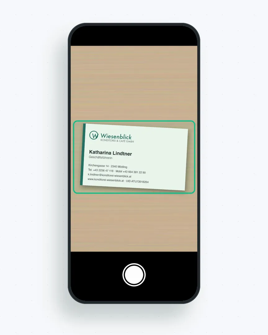 flinkest-App: Visitenkarte fotografieren, erkannte Kundendaten im Formular prüfen, Ansprechpartner gleich mit anlegen