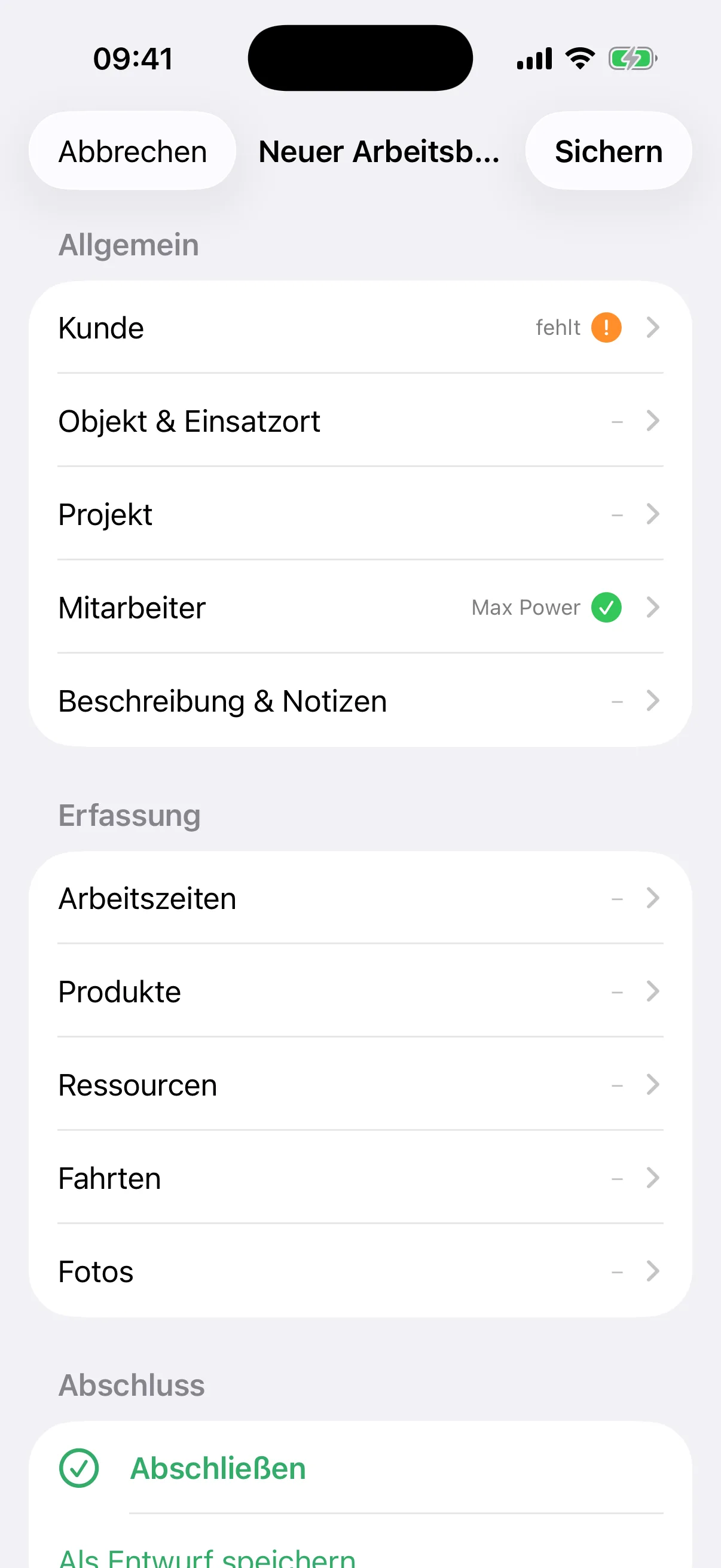 Arbeitsbericht in der flinkest-App am iPhone