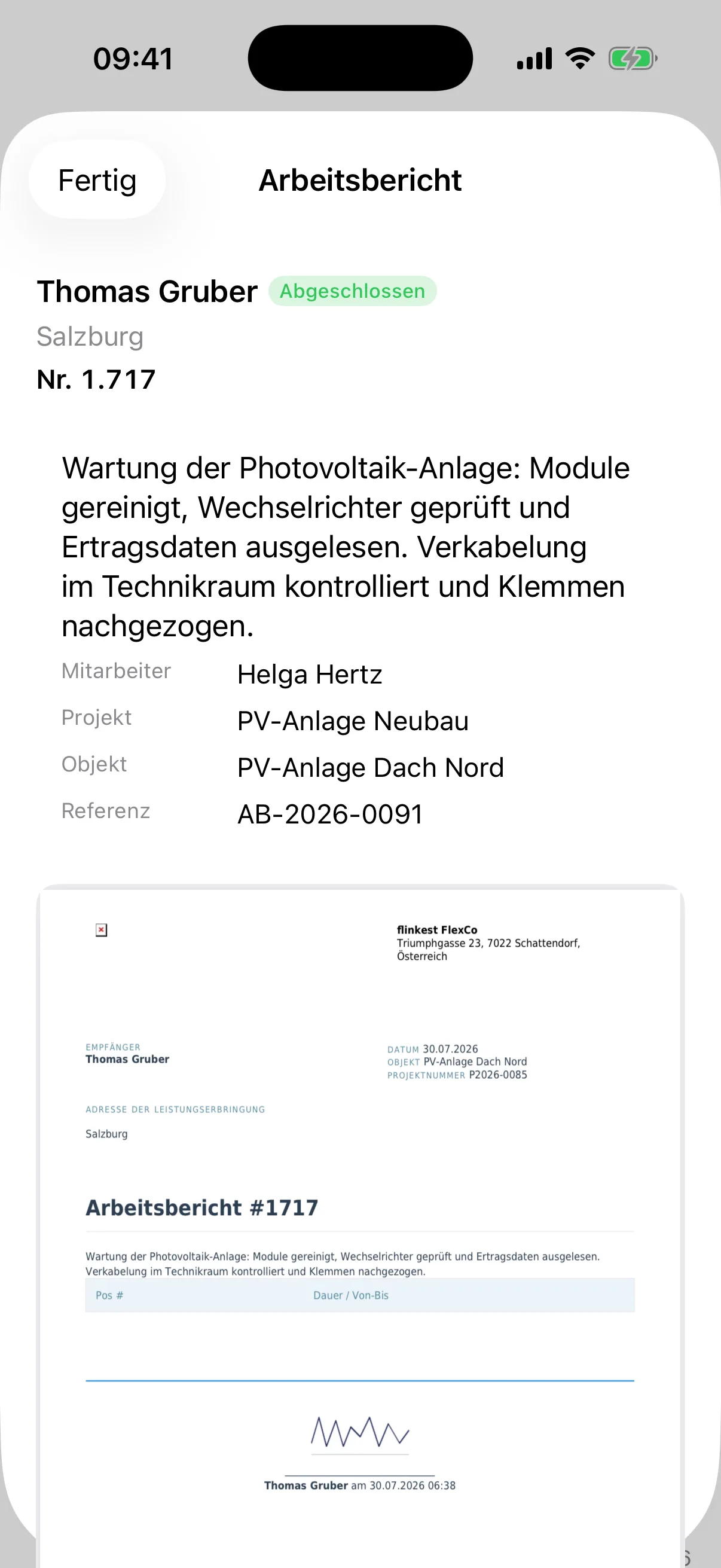 Arbeitsbericht-Ansicht in der flinkest-App