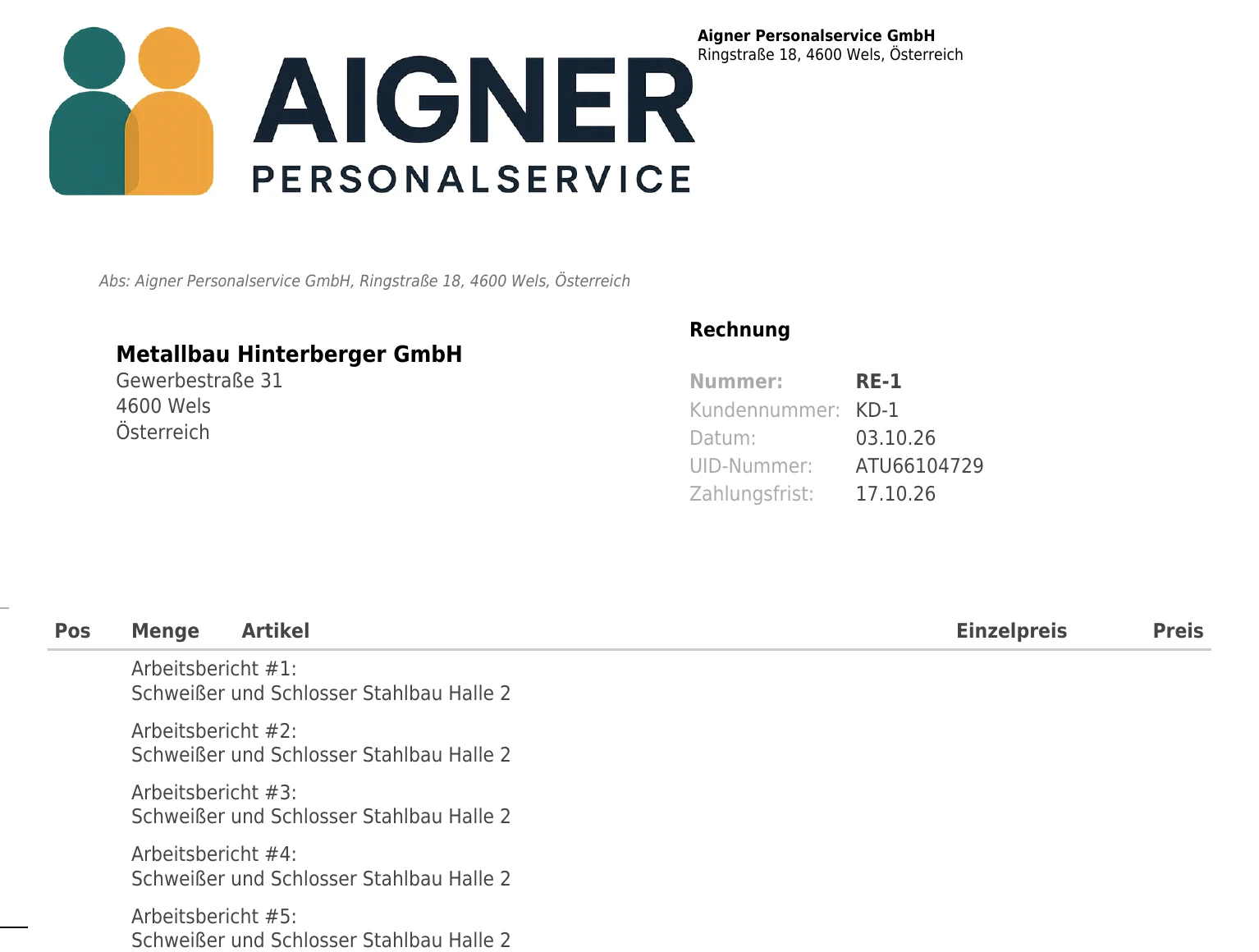 Rechnung RE-1 an Metallbau Hinterberger mit Logo der Aigner Personalservice GmbH, darunter die übernommenen Arbeitsberichte #1 bis #11