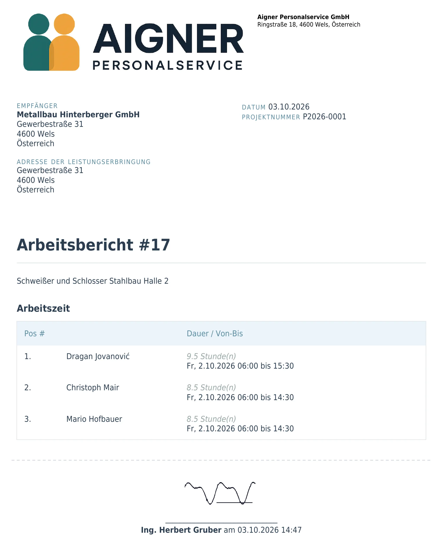 Stundennachweis als PDF: Arbeitsbericht für Metallbau Hinterberger mit den Arbeitszeiten von drei Mitarbeitern und der Unterschrift des Werkmeisters