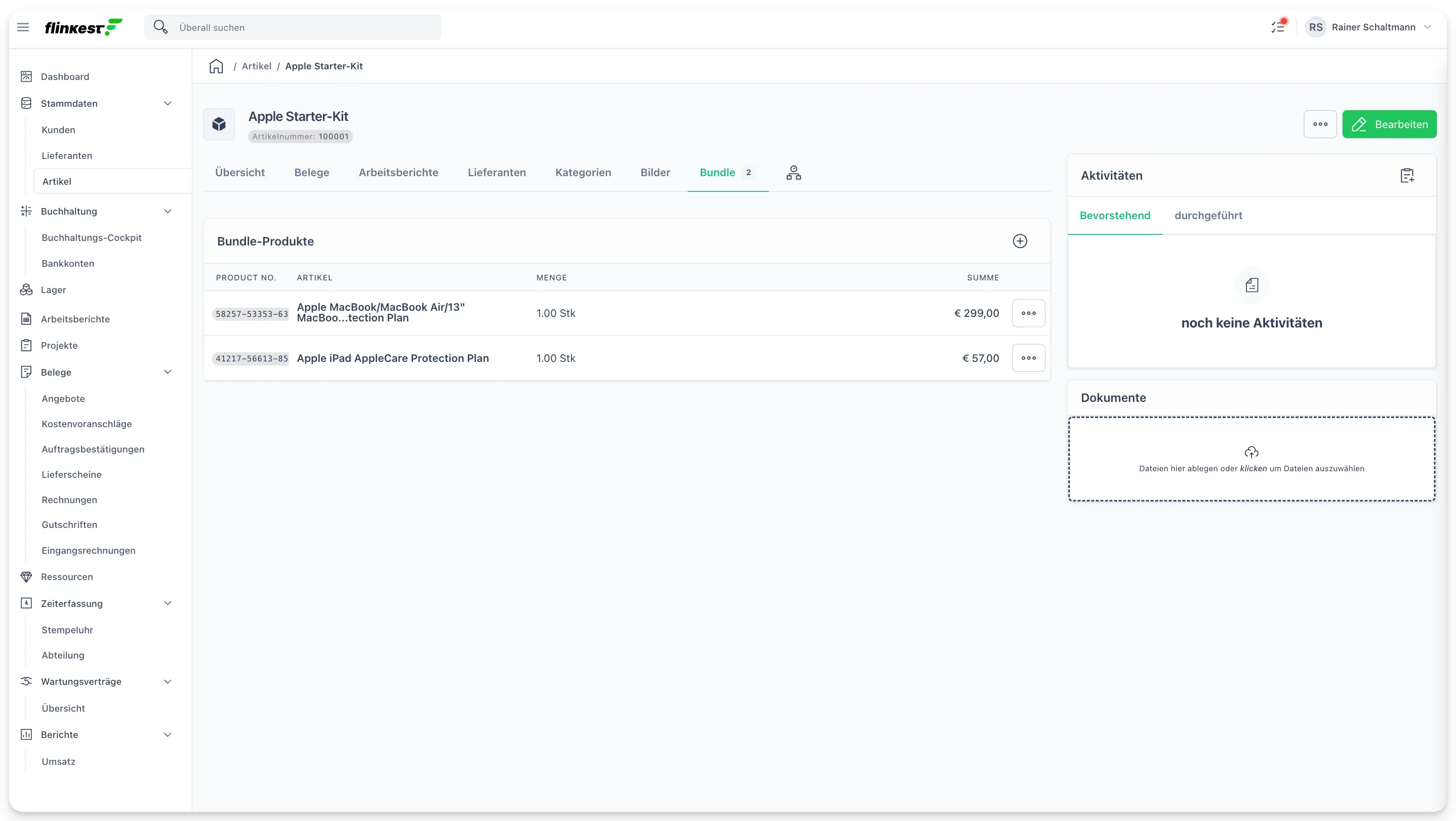 Produkt-Detailview, Bundle-Tab mit den Komponenten-Artikeln und Mengen pro Position