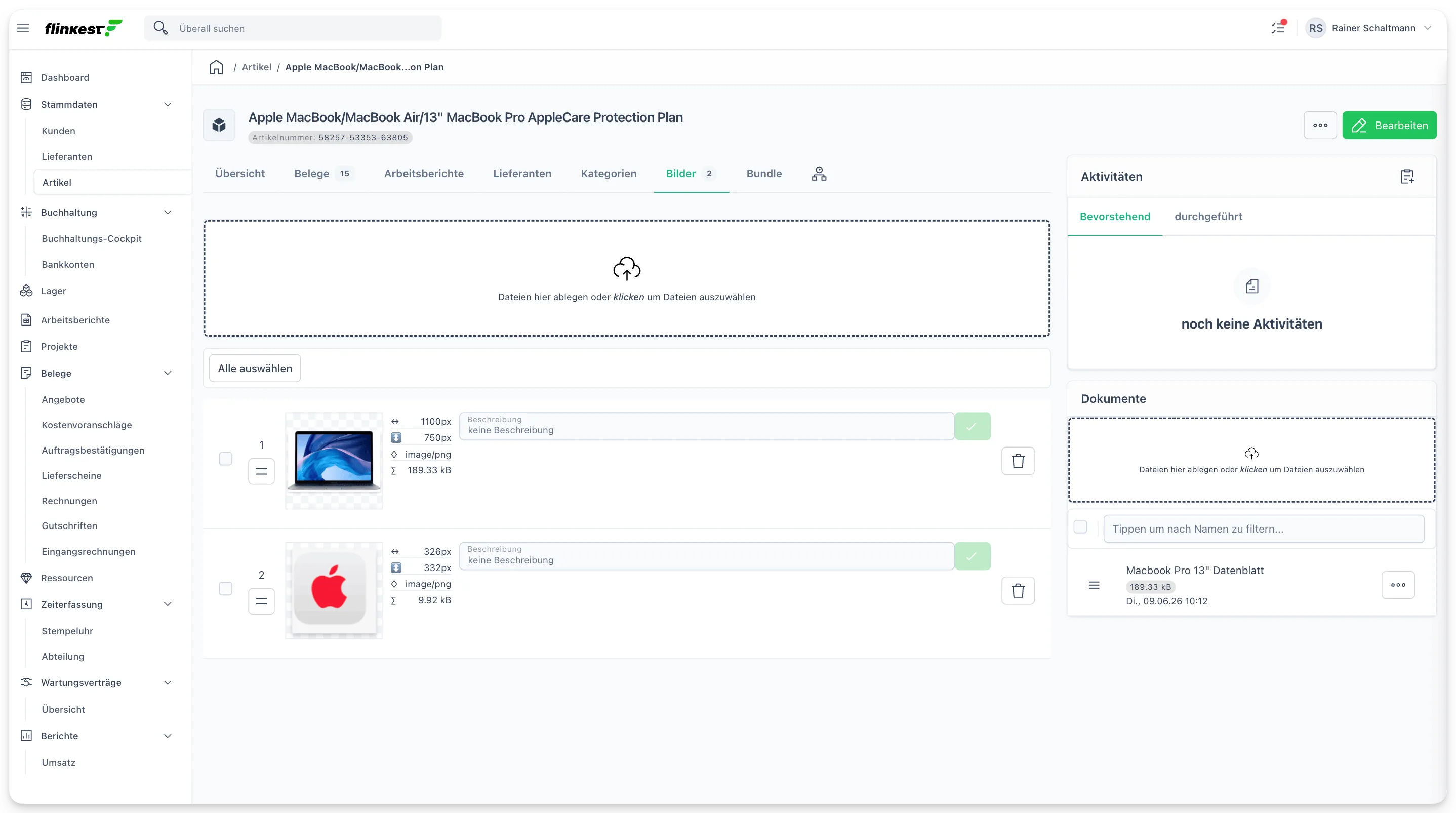 Produkt-Detailview, Bilder-Tab mit mehreren Produktbildern und Dokumenten wie Datenblatt am Produkt
