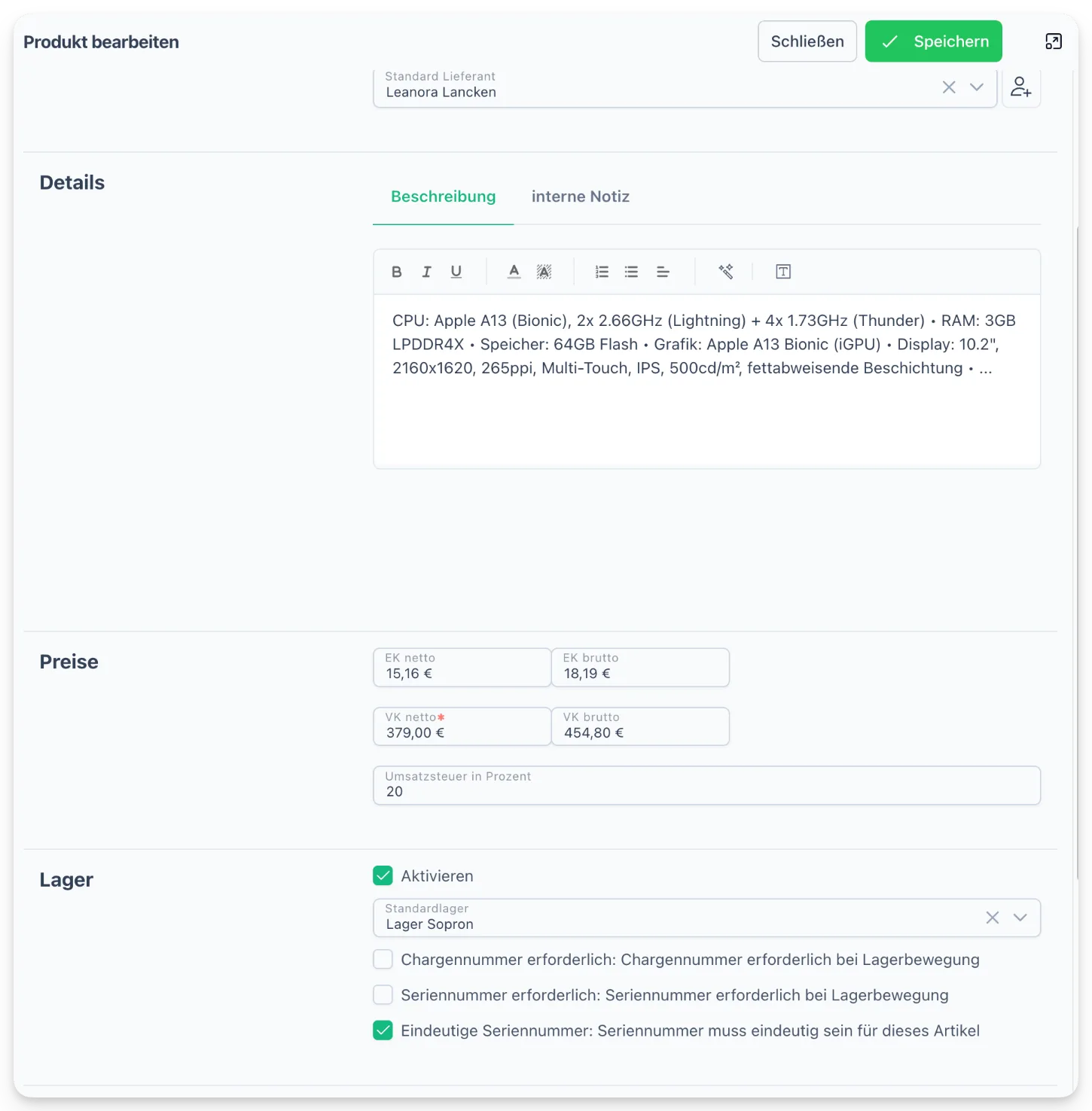 Produkt-Bearbeiten-Form mit EK- und VK-Preis netto/brutto und Umsatzsteuersatz