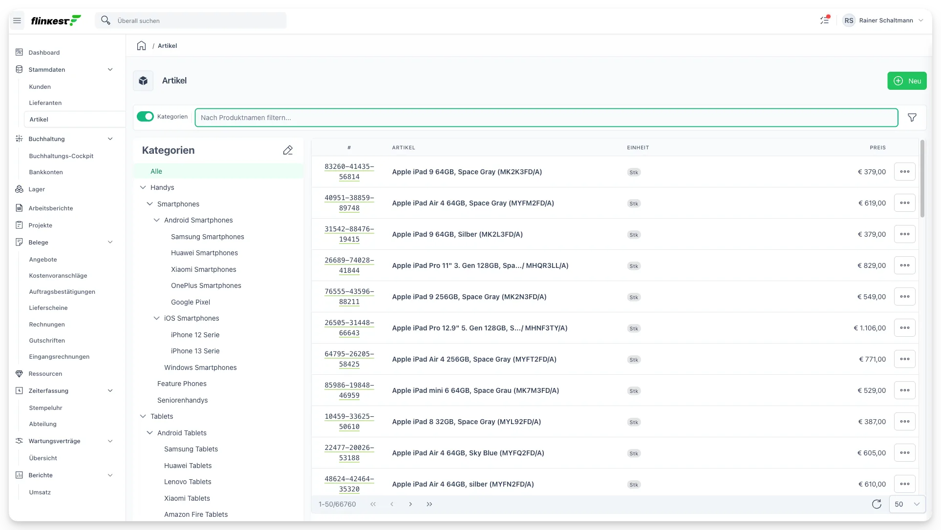 Flinkest in Aktion — Dashboards, Belege, Listen am MacBook