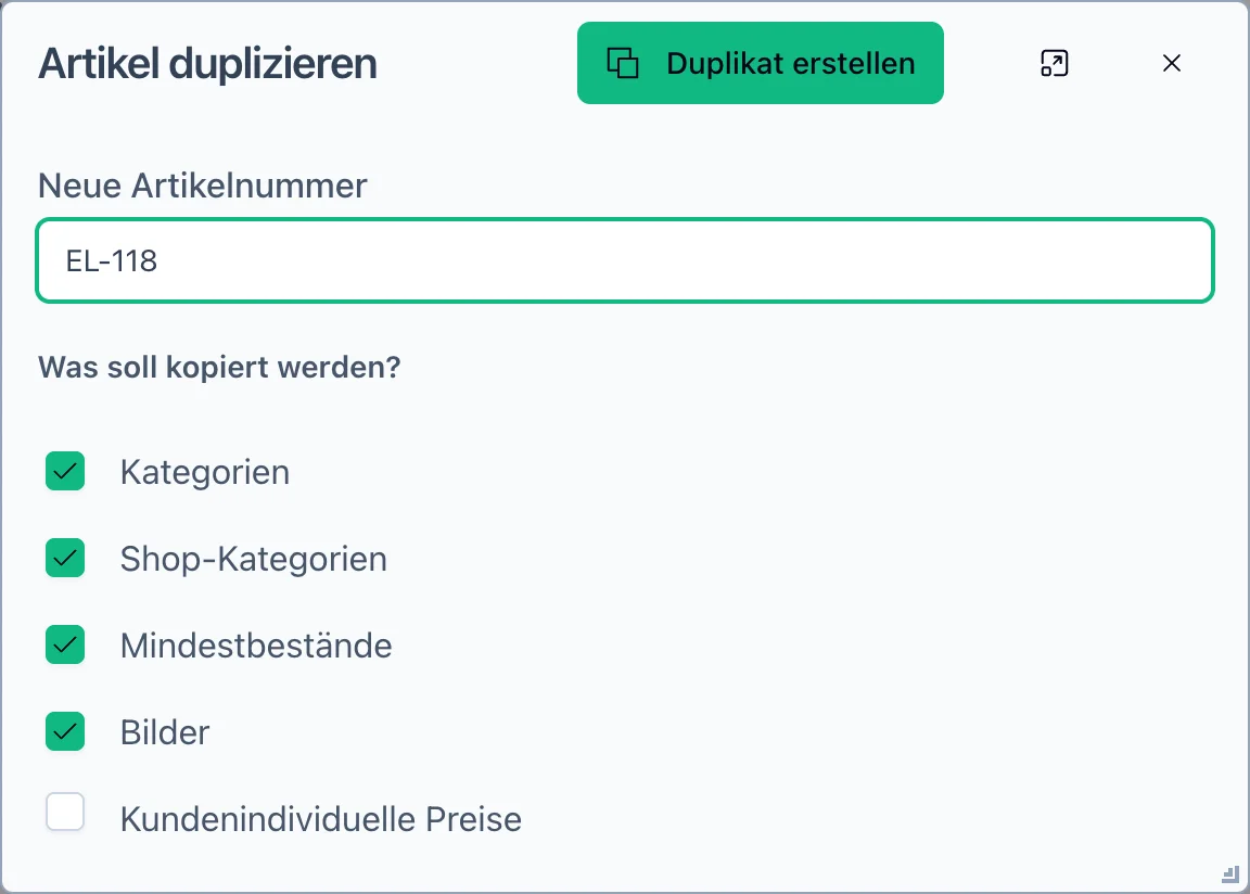 Dialog „Artikel duplizieren" in flinkest: neue Artikelnummer EL-118 und Auswahl, ob Kategorien, Shop-Kategorien, Mindestbestände, Bilder und kundenindividuelle Preise mitkommen