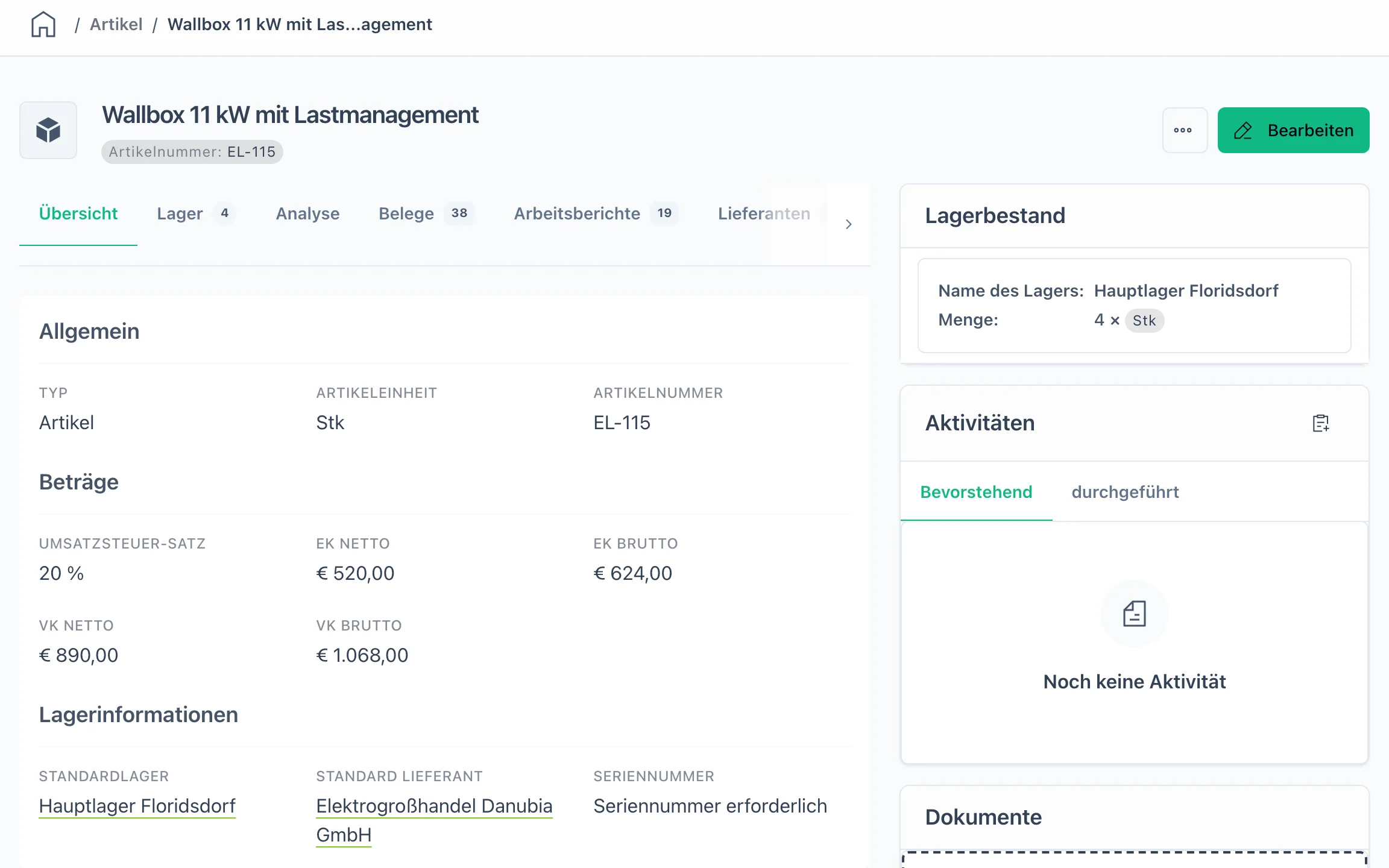 Artikel Wallbox 11 kW in flinkest: Einkaufs- und Verkaufspreis netto und brutto, Standardlager, Standardlieferant, Seriennummernpflicht, Lagerbestand und Datenblatt als Dokument