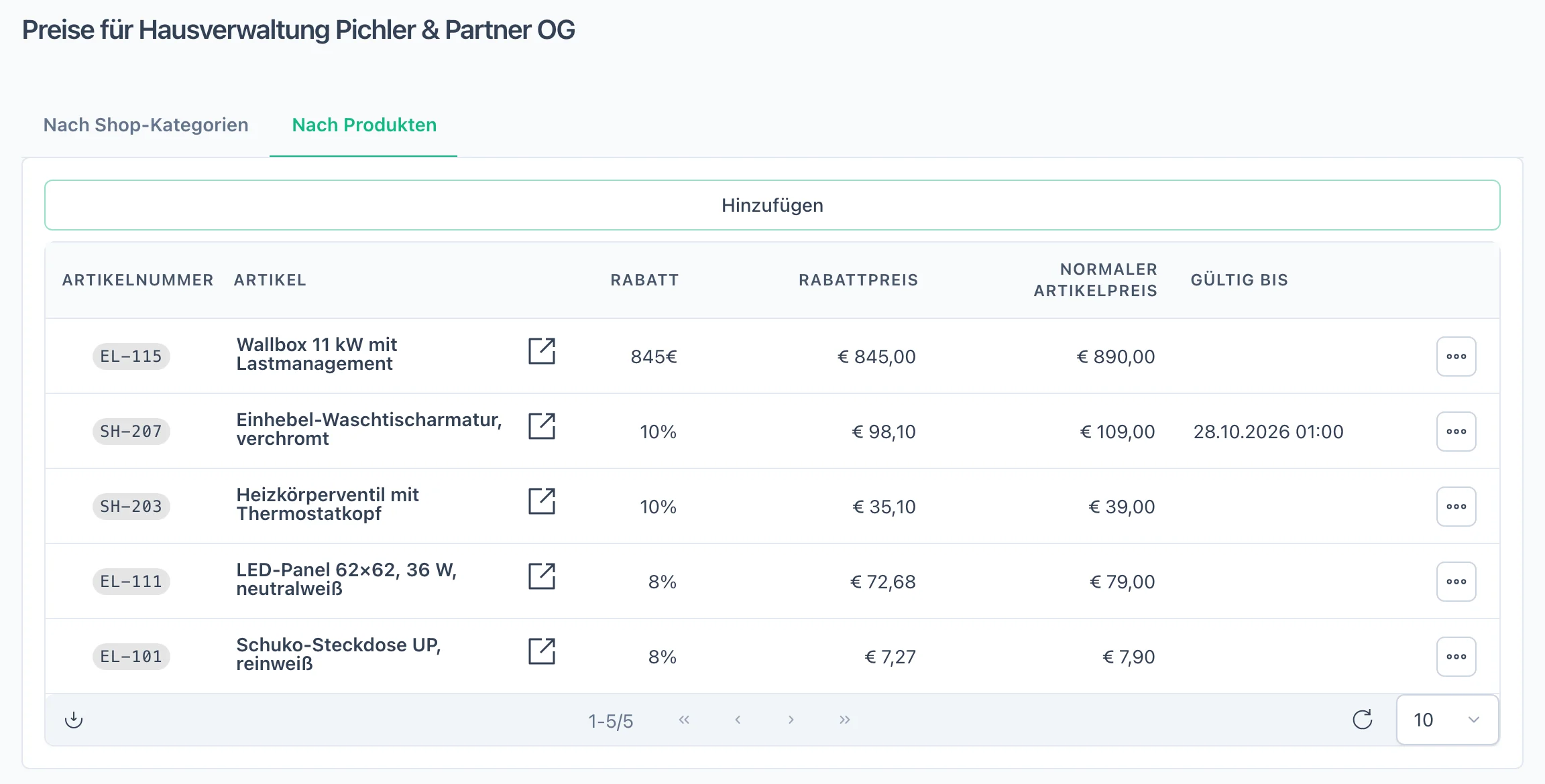 Preise für Hausverwaltung Pichler & Partner OG: Wallbox als Fixpreis, Armaturen und Material mit Rabatt in Prozent, daneben Rabattpreis, normaler Artikelpreis und Gültigkeit