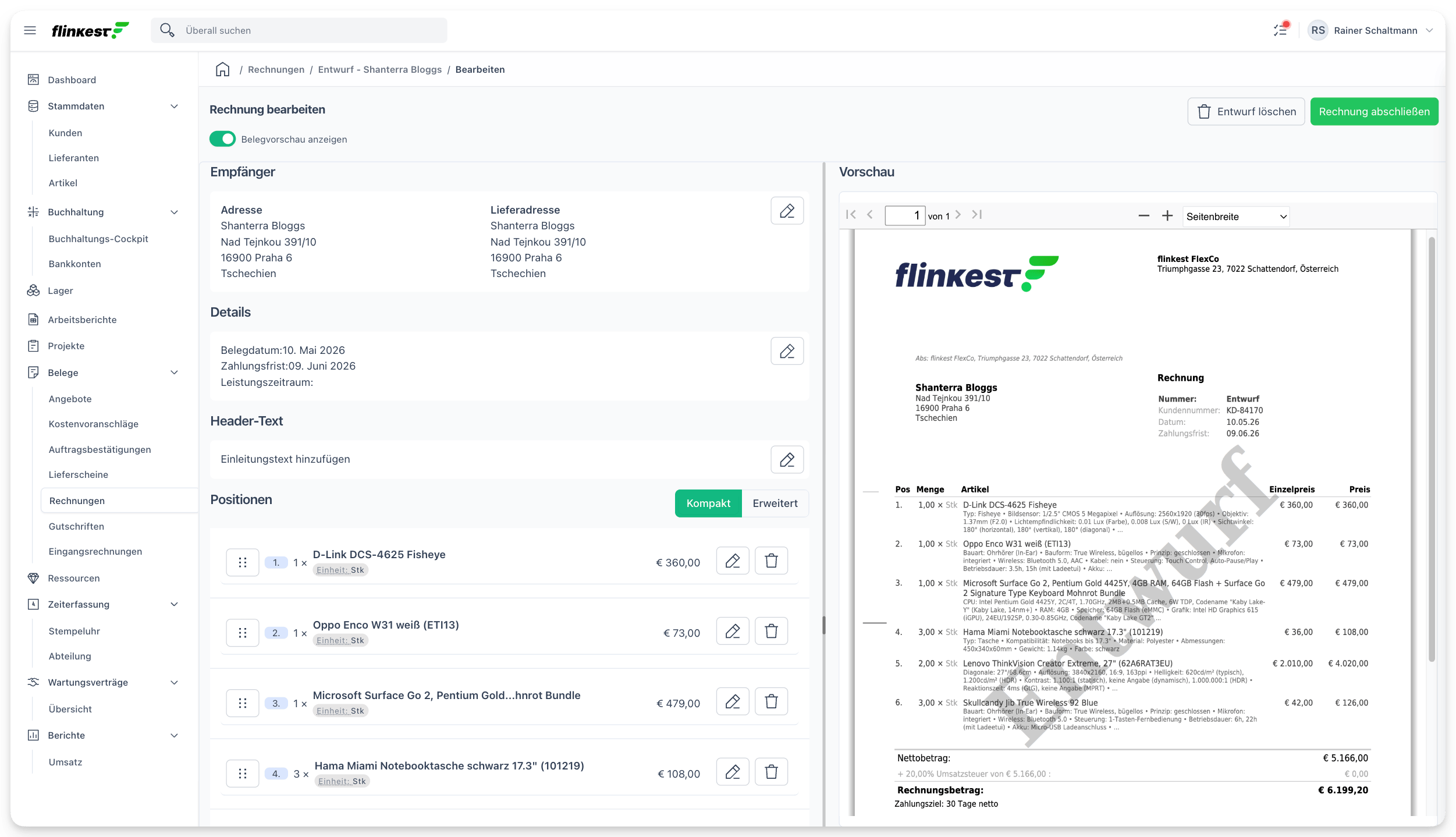Live-PDF Rechnungseditor — Formular links, PDF-Vorschau rechts