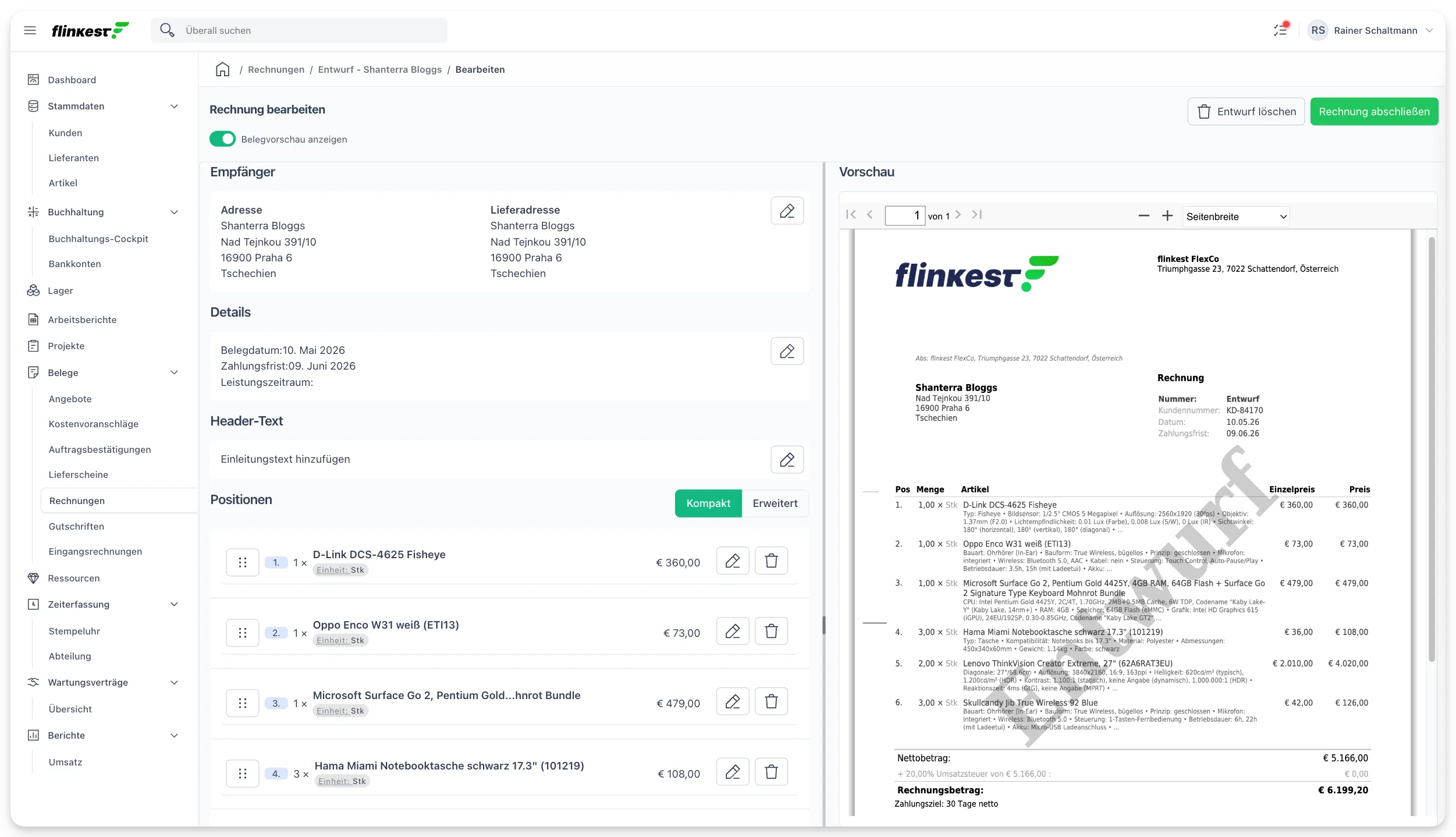 Live-PDF Rechnungseditor — Formular links, PDF-Vorschau rechts