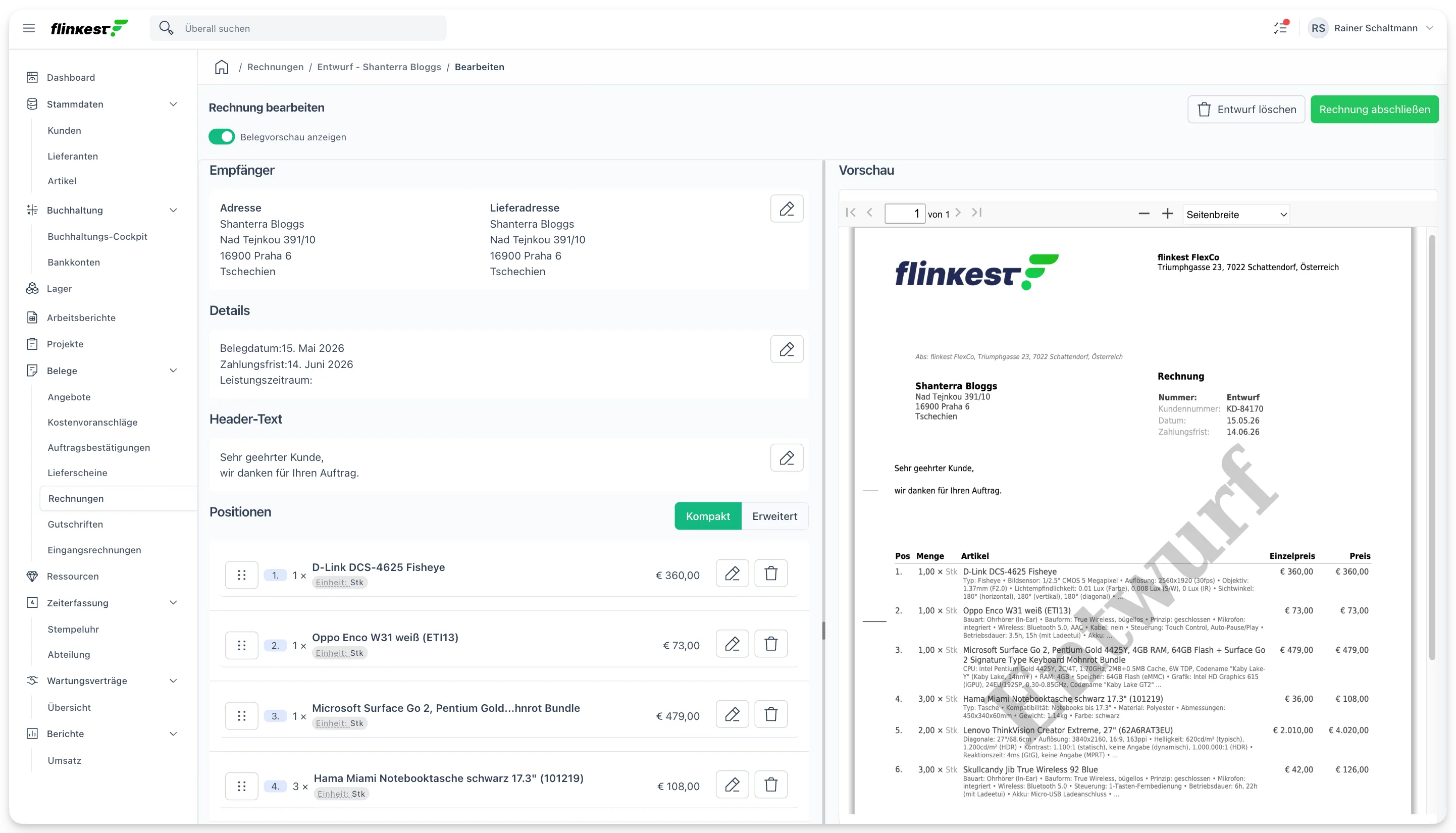 Flinkest in Aktion — Dashboards, Belege, Listen am MacBook