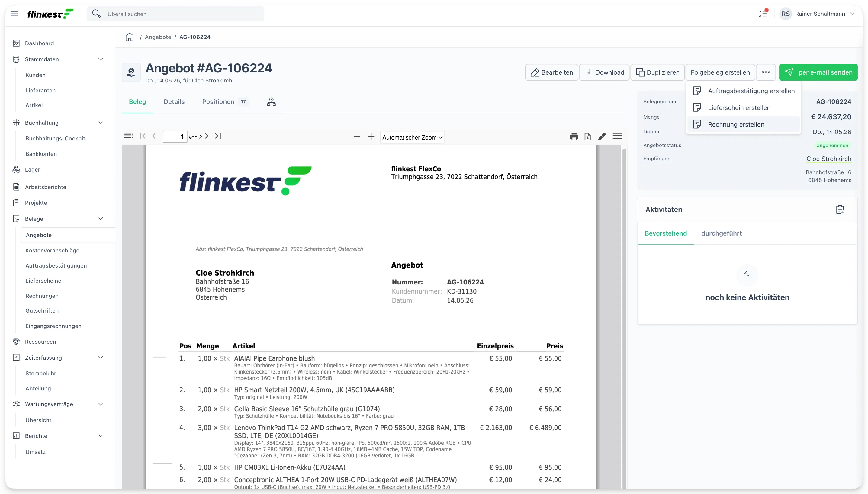 Angebot zu Lieferschein oder Rechnung weiterführen