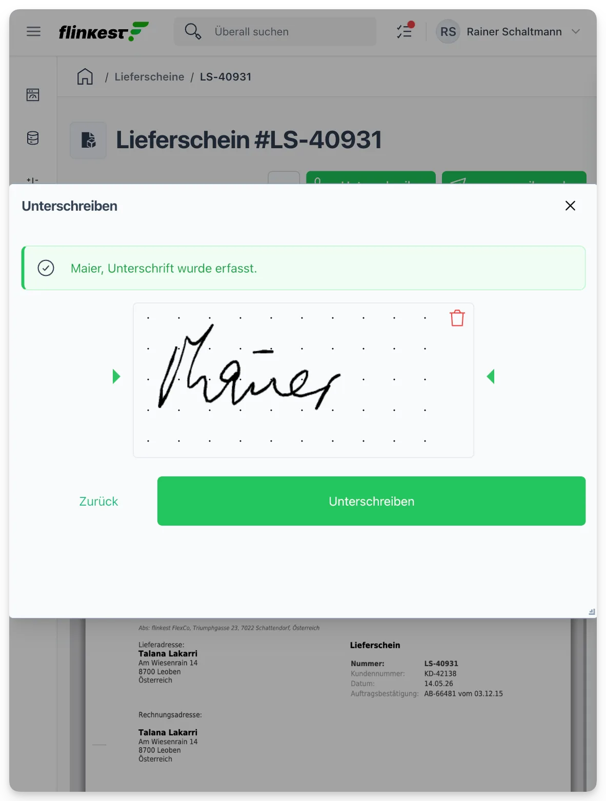 Lieferschein mit digitaler Unterschrift am iPad