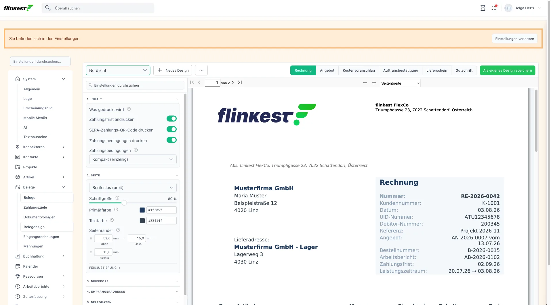 Belegdesigner: Einstellungen links, PDF-Vorschau der Rechnung rechts