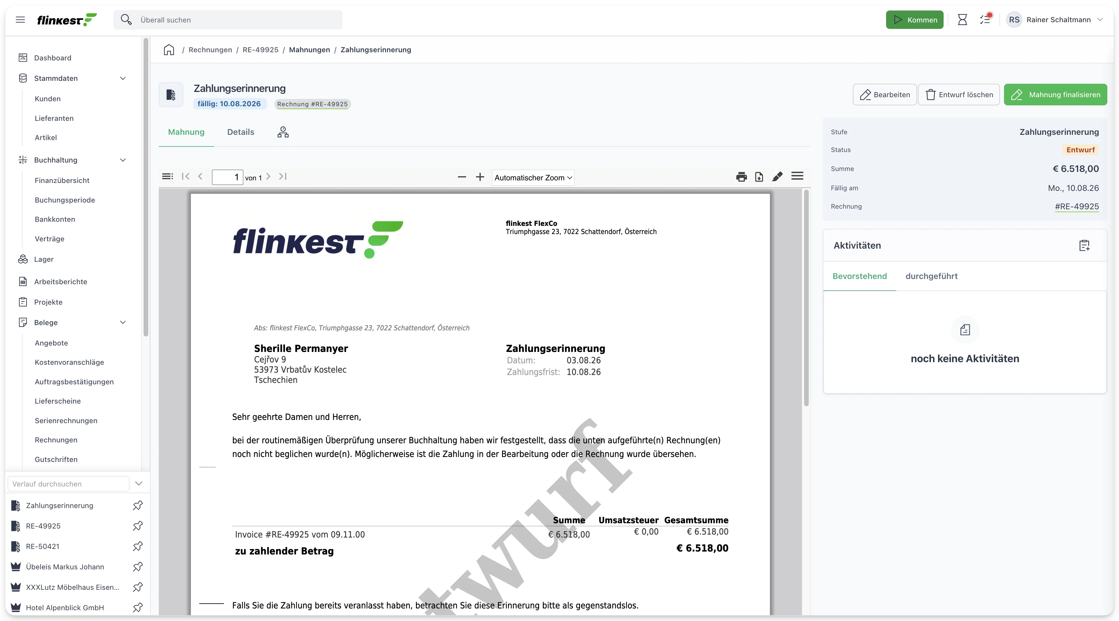 Mahnung als Entwurf mit PDF-Vorschau und Bezug zur Rechnung