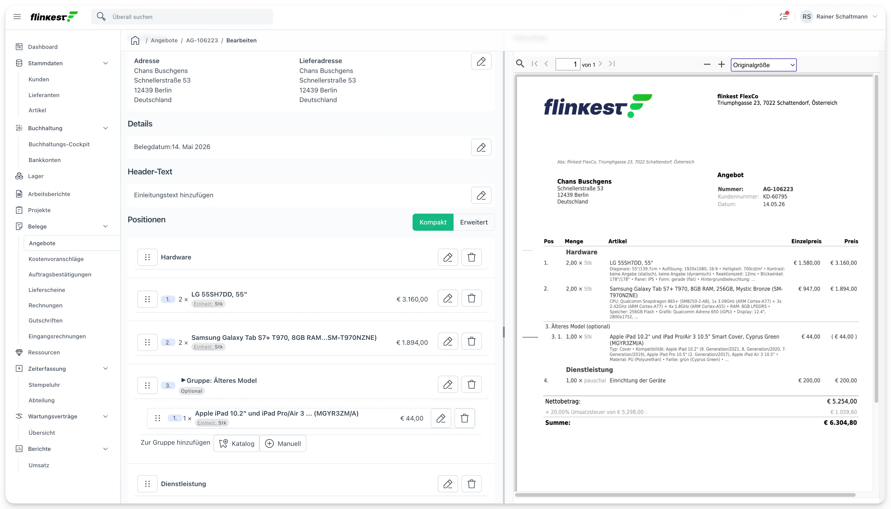 Beleg-Editor mit Gruppen-Überschriften und Zwischensummen