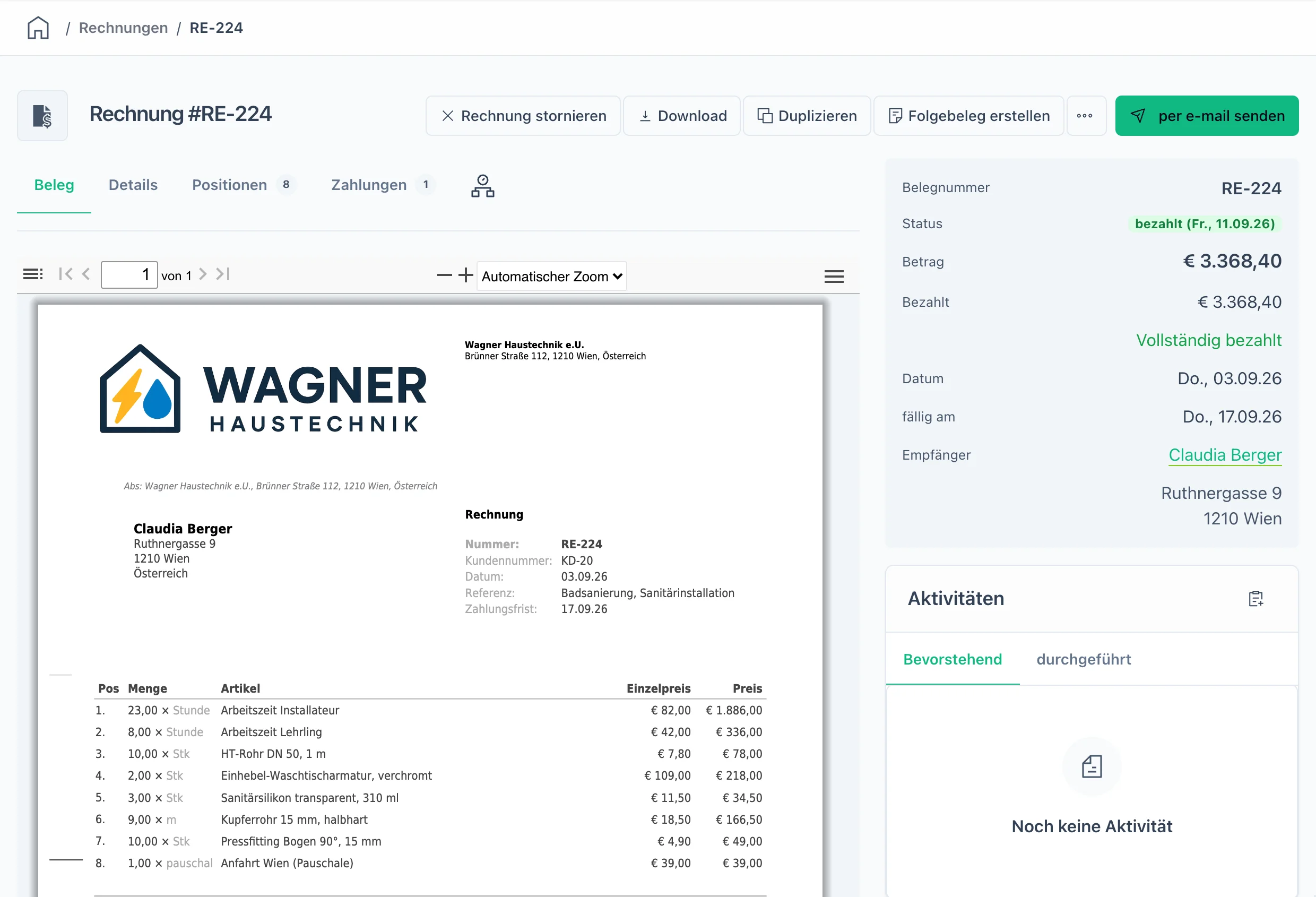 Bezahlte Rechnung: PDF mit Positionen, Summen und SEPA-QR-Code, rechts Status „bezahlt" mit Zahlungsdatum