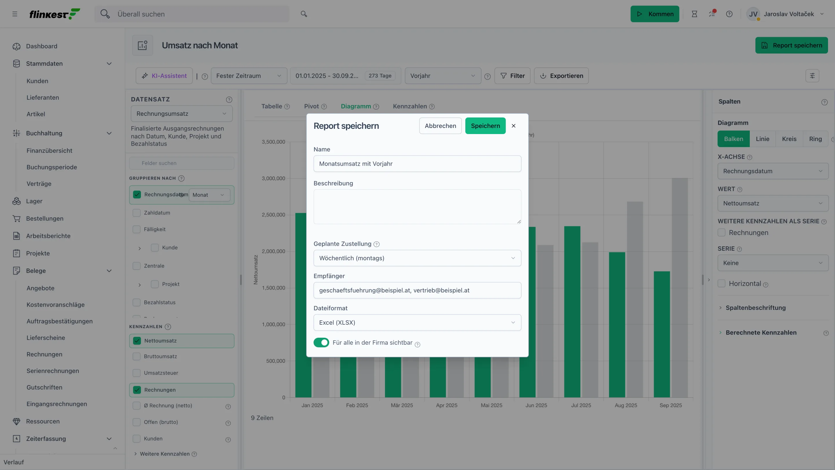 Report speichern mit wöchentlicher Zustellung als Excel an zwei Empfänger