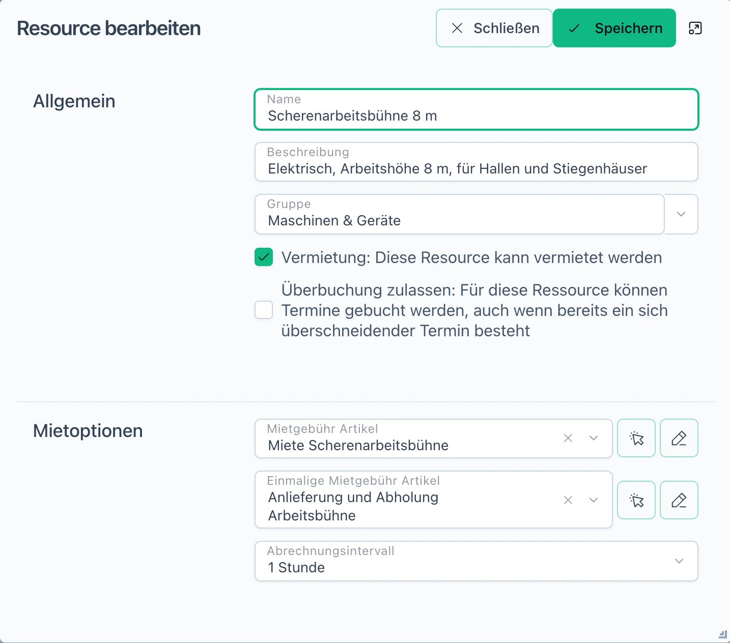 Ressource Scherenarbeitsbühne bearbeiten: Gruppe Maschinen und Geräte, vermietbar, Überbuchung nicht zugelassen, Mietgebühr-Artikel, einmalige Gebühr für Anlieferung und Abrechnungsintervall eine Stunde