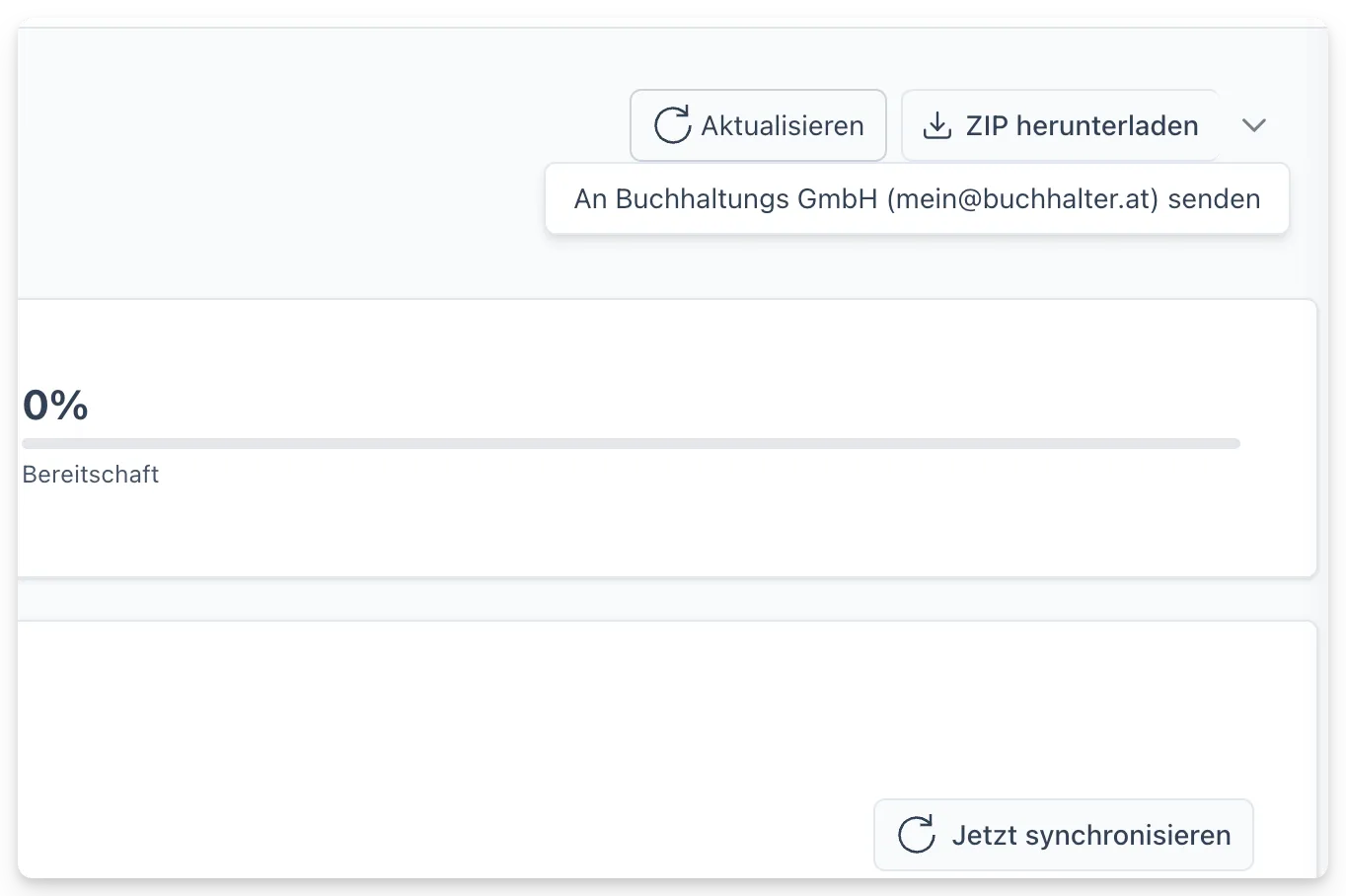 Split-Button „ZIP herunterladen" mit der Option, das Paket direkt an die hinterlegte Kanzlei zu senden