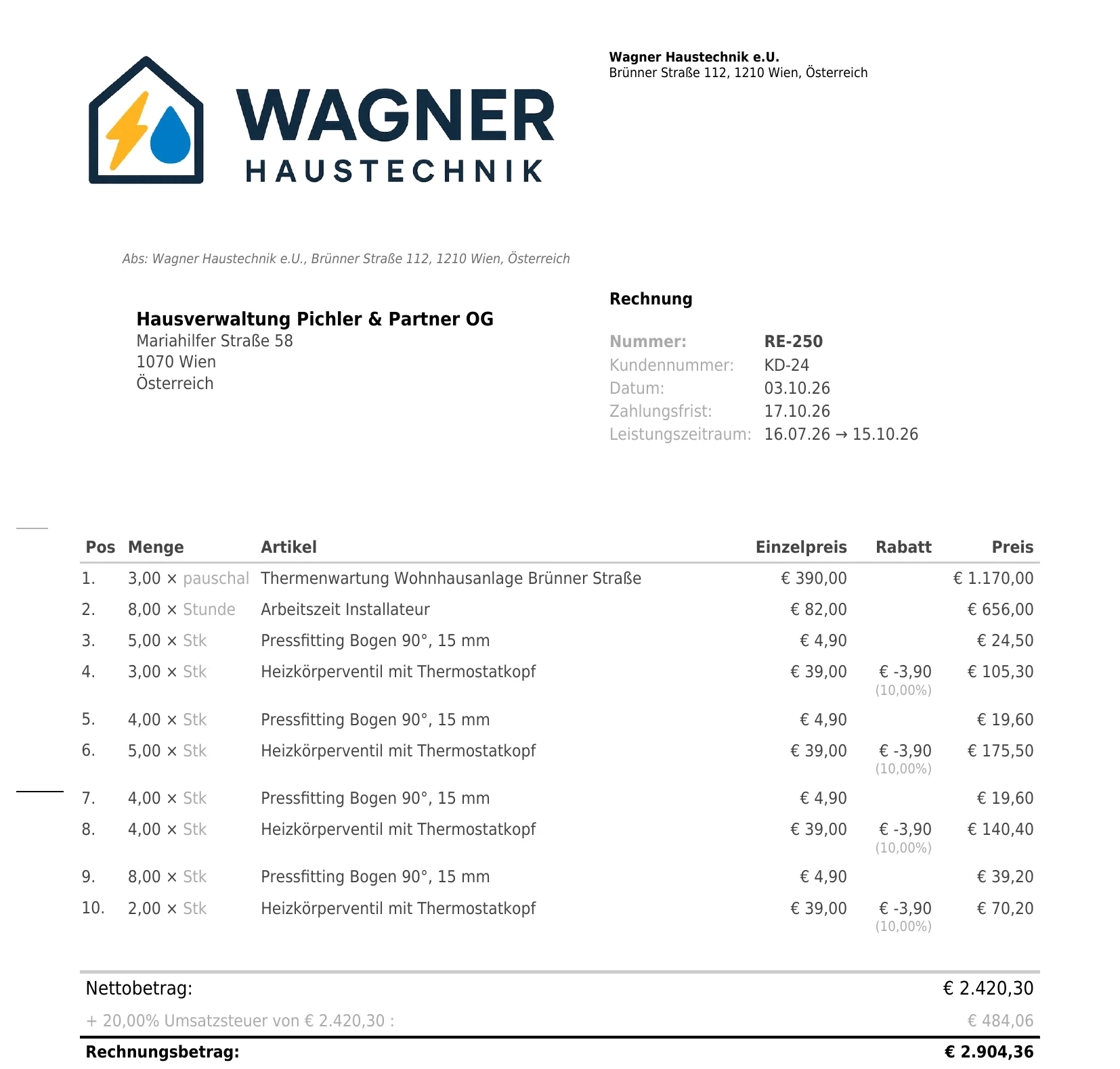 Quartalsrechnung eines Wartungsvertrags mit Pauschale, 8 Mehrstunden und dem Material aus den Arbeitsberichten