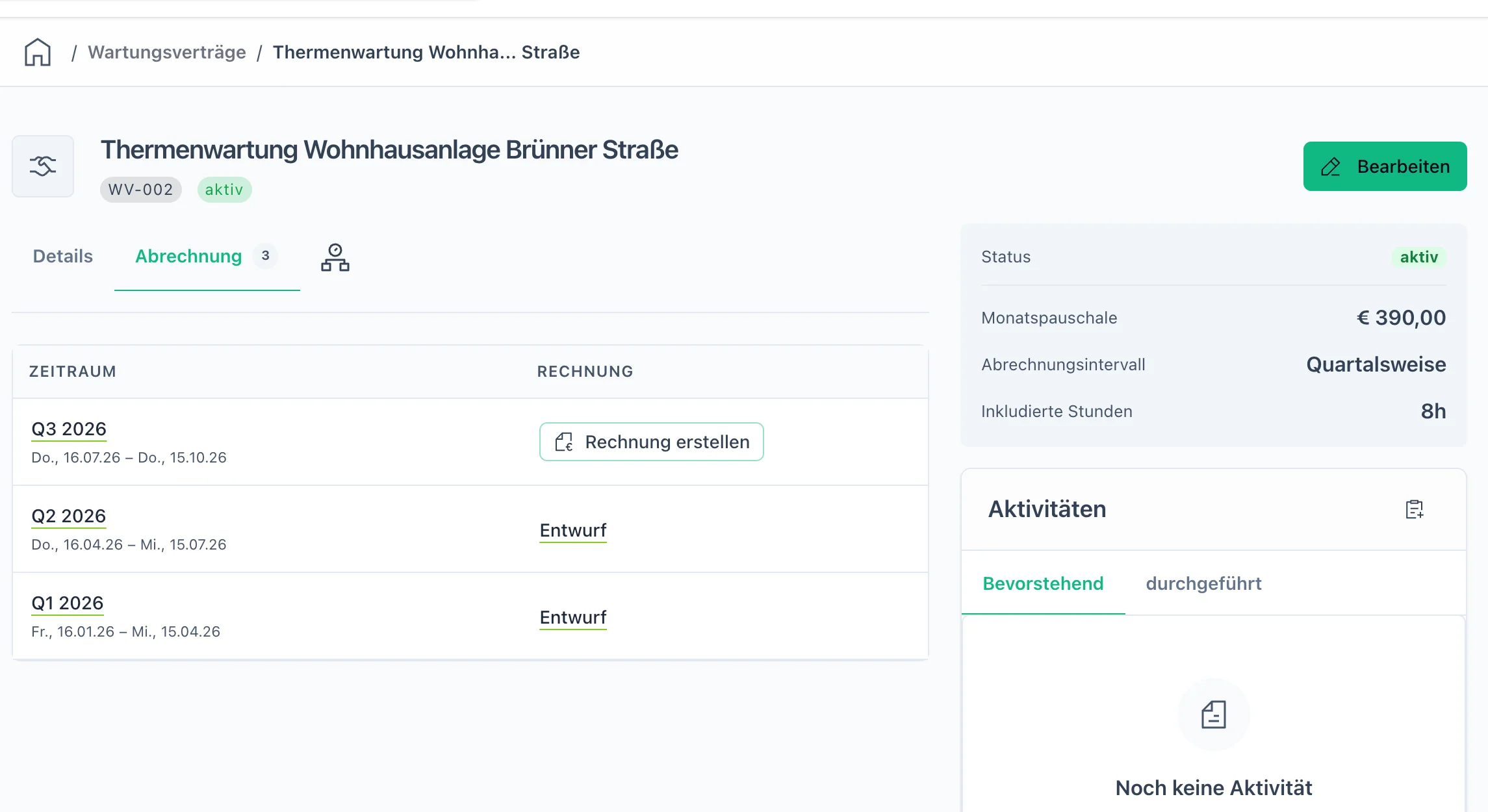 Abrechnungsperioden am Wartungsvertrag: Q1 und Q2 abgerechnet, Q3 offen mit „Rechnung erstellen"