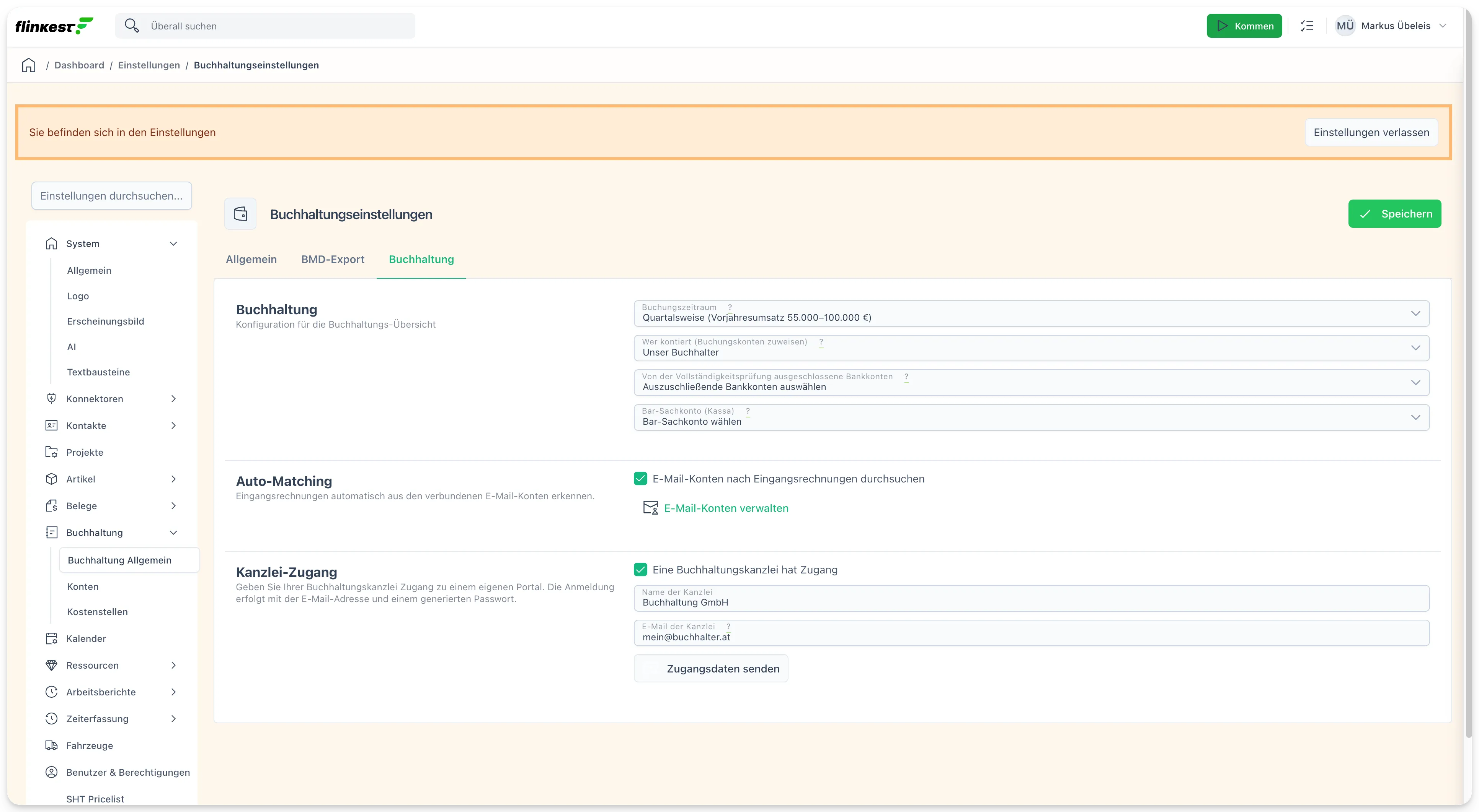 Buchhaltungseinstellungen mit Kanzlei-Zugang: Name und E-Mail der Kanzlei plus Button „Zugangsdaten senden"