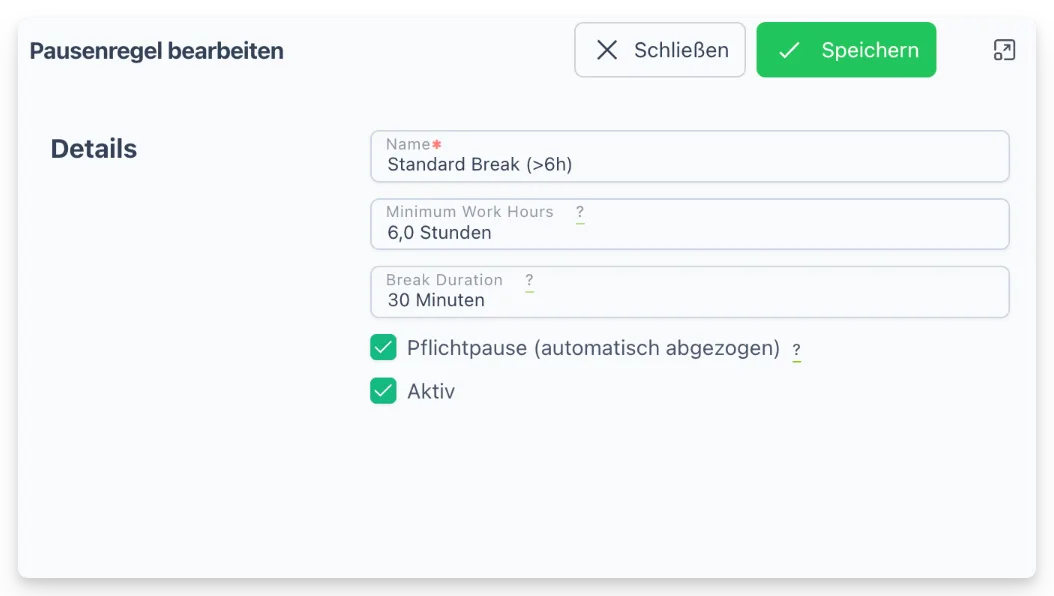 Pausenregel bearbeiten: Schwelle und Pausendauer
