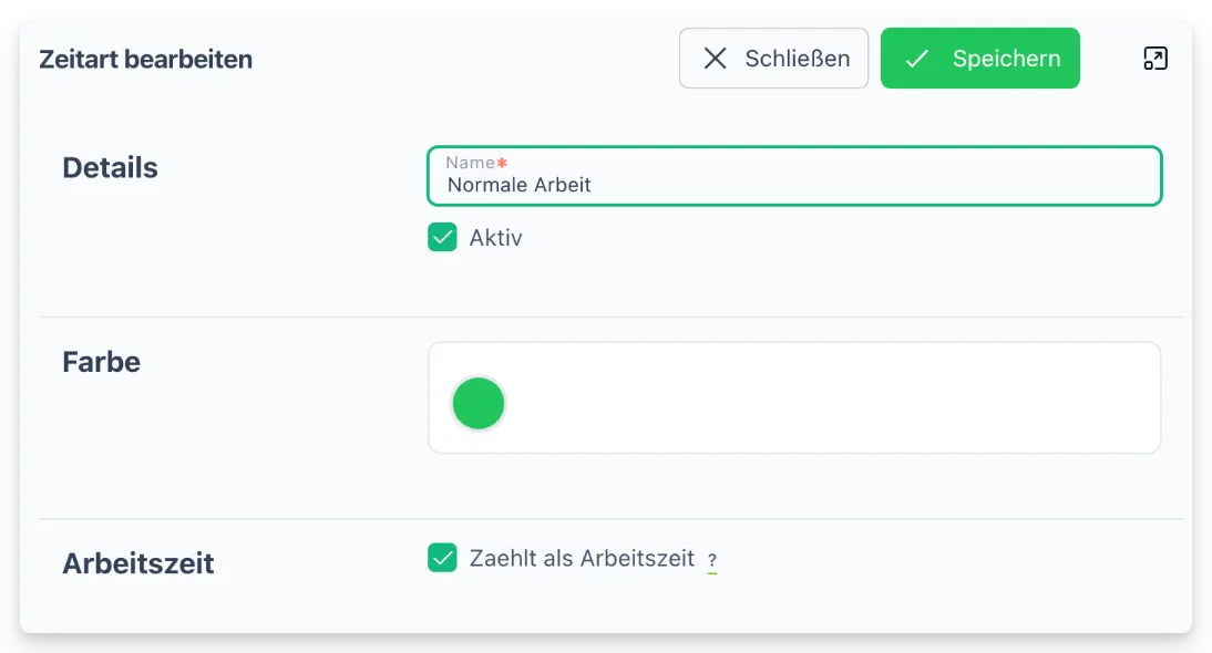 Zeitart bearbeiten: Name, Farbe und Optionen