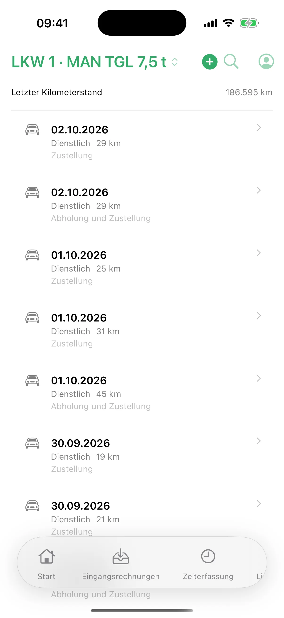 Fahrtenbuch in der flinkest-App: Fahrten des LKW zu den Kunden mit Kilometern