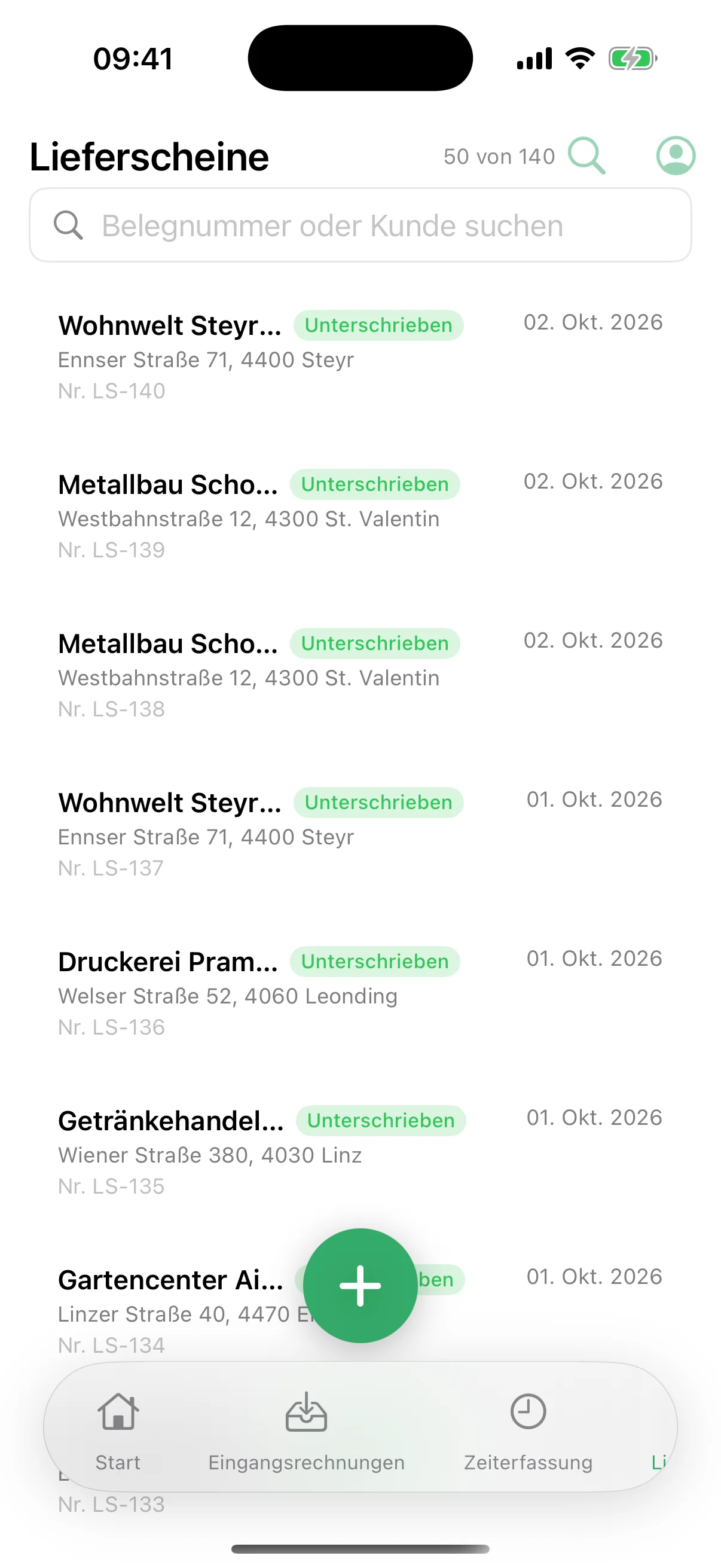 Lieferscheine in der flinkest-App: Zustellungen des Tages, unterschrieben vom Empfänger