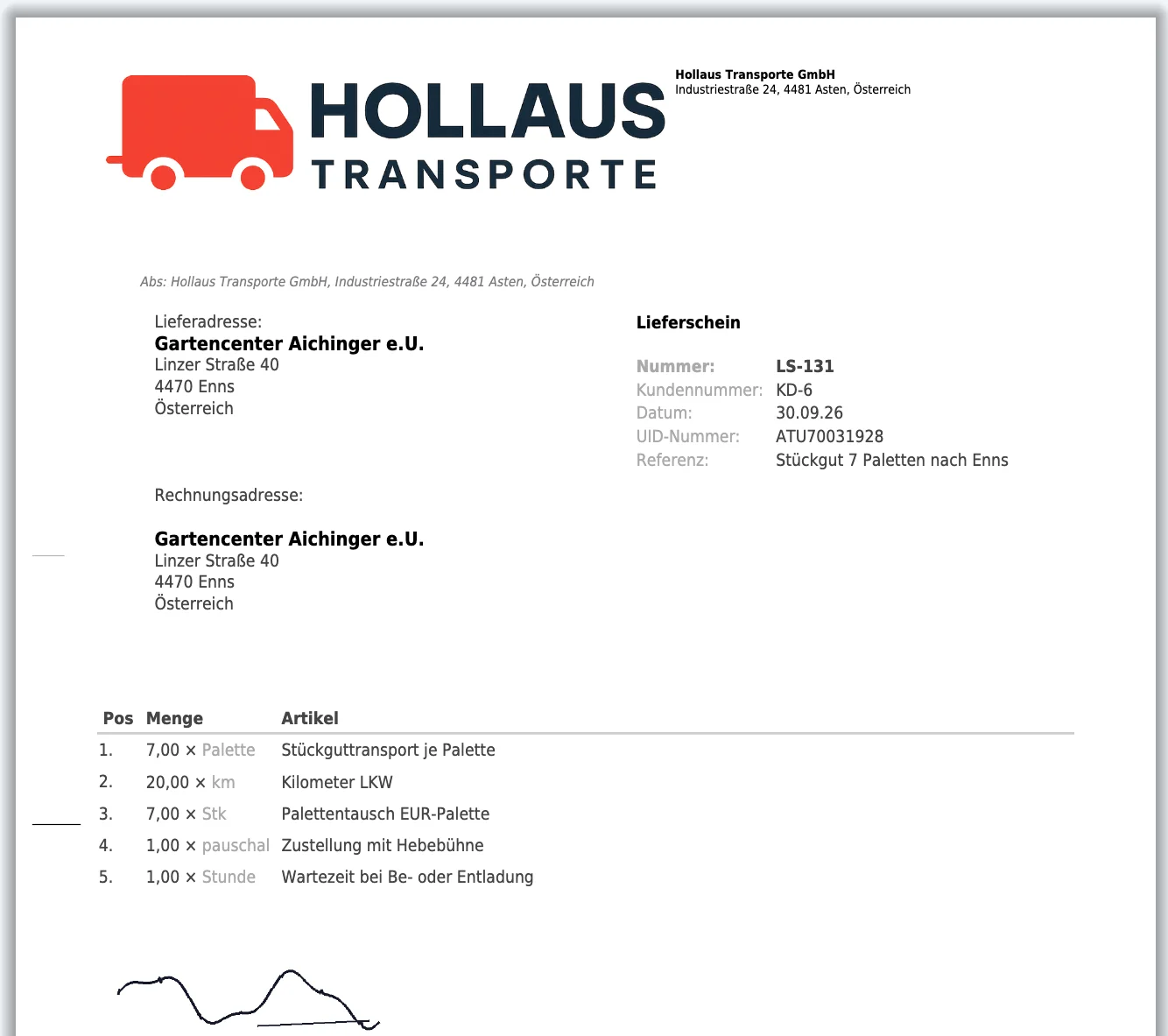Unterschriebener Lieferschein von Hollaus Transporte: Stückgut-Paletten, Kilometer und Palettentausch, unten Unterschrift und Name des Empfängers