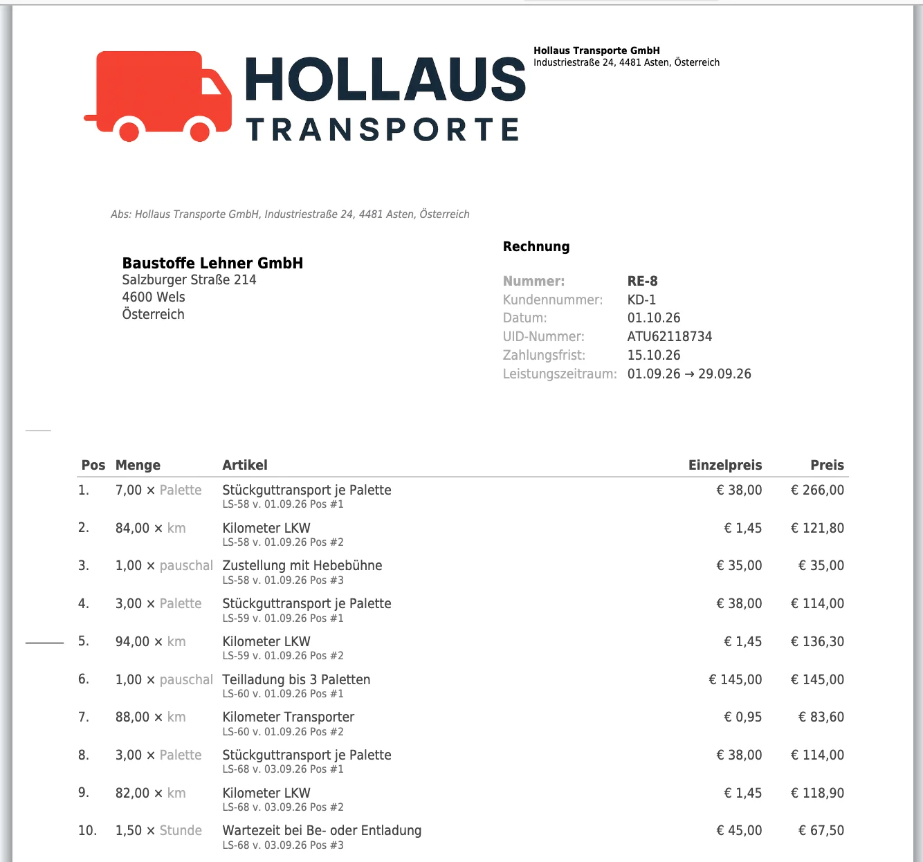 Sammelrechnung an Baustoffe Lehner mit den Lieferscheinen des Monats, Paletten und Kilometern je Lieferschein