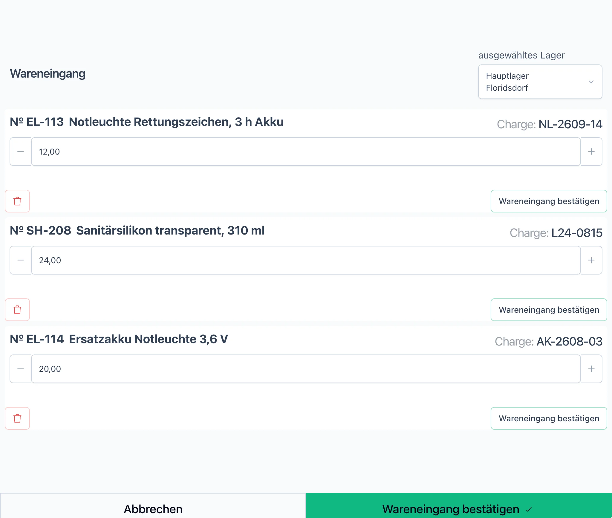 Wareneingang per Handscanner: drei gescannte Artikel mit ausgelesener Charge und Menge, gebucht ins Hauptlager