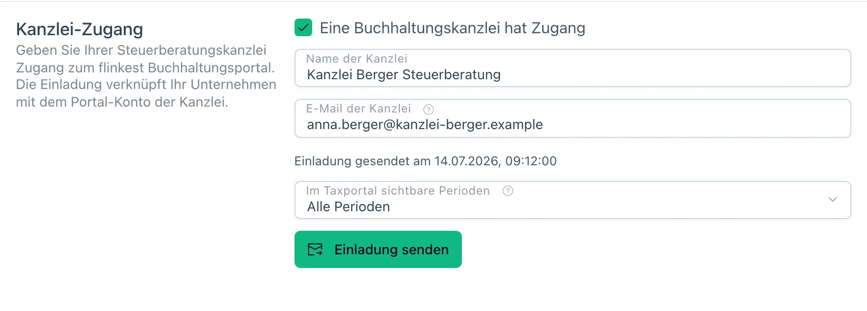 Buchhaltungs-Einstellungen des Betriebs in flinkest: Kanzlei-Zugang freischalten, Kanzlei eintragen und Einladung senden