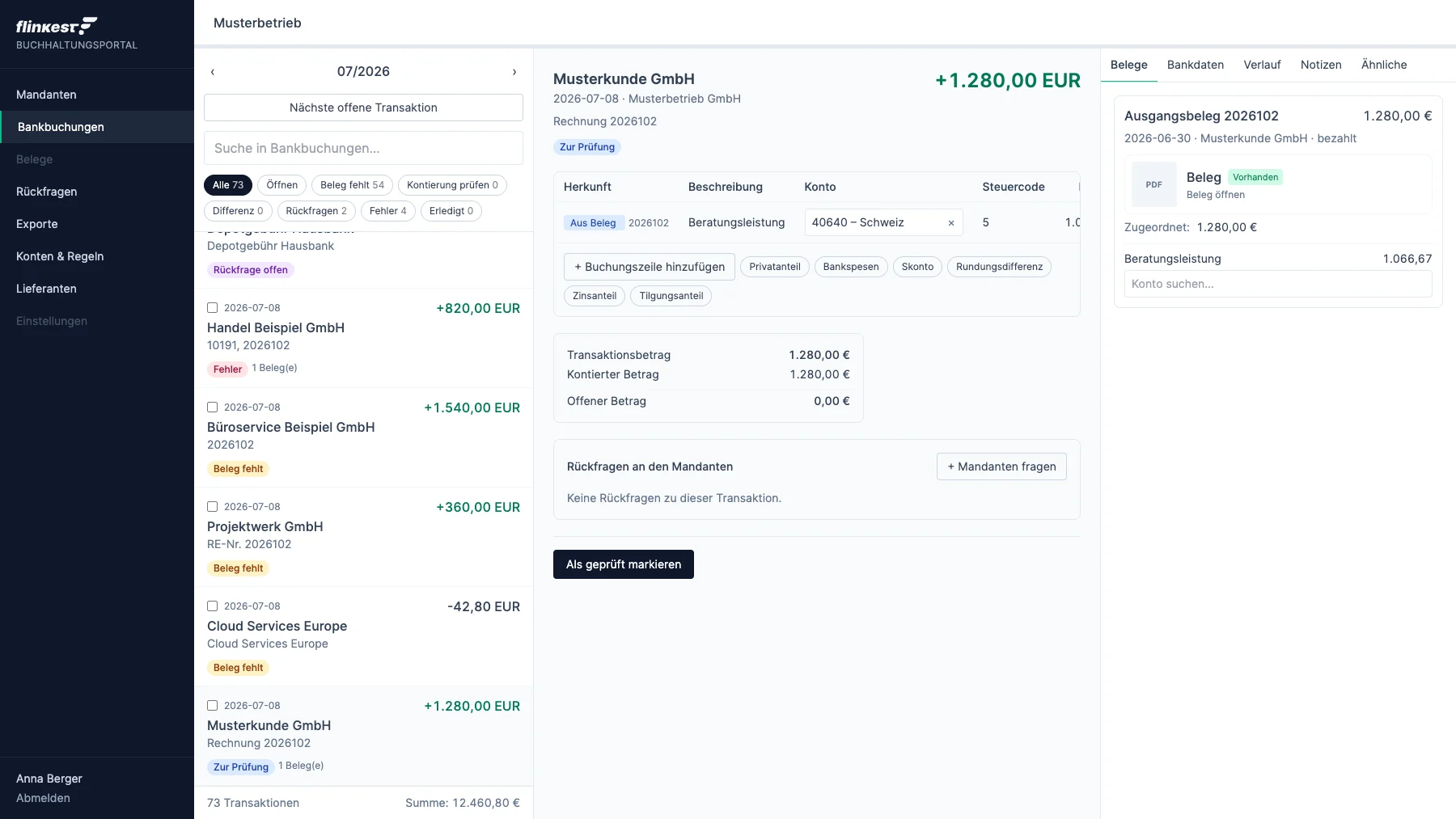 Bankbuchungen-Workspace mit Buchungszeilen und Prüfstatus
