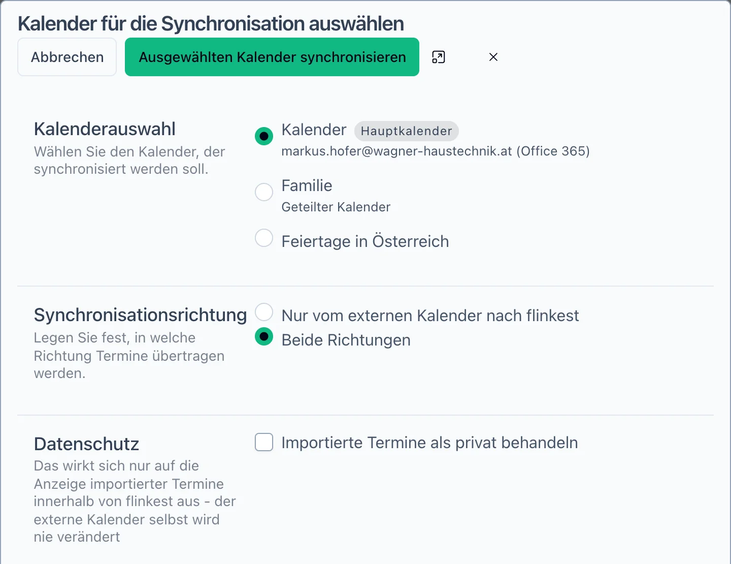 Kalender-Anbindung: Office-365-Kalender ausgewählt, Synchronisationsrichtung Beide Richtungen, Option Importierte Termine als privat behandeln